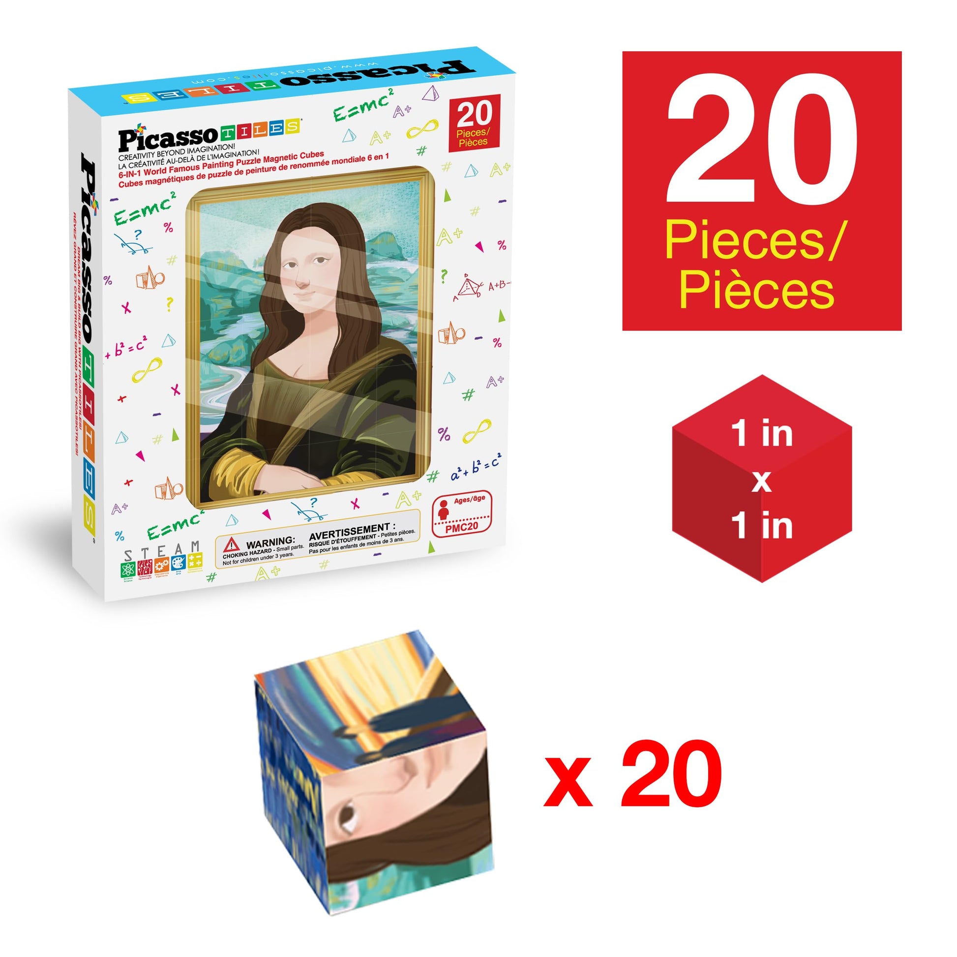 PicassoTiles 20pcs 1” Magnetic Puzzle Building Cubes Blocks for Kids, Van Gogh, Mona Lisa Hand Puzzle, STEM Magnet Toy Mix&Match Educational Popular
