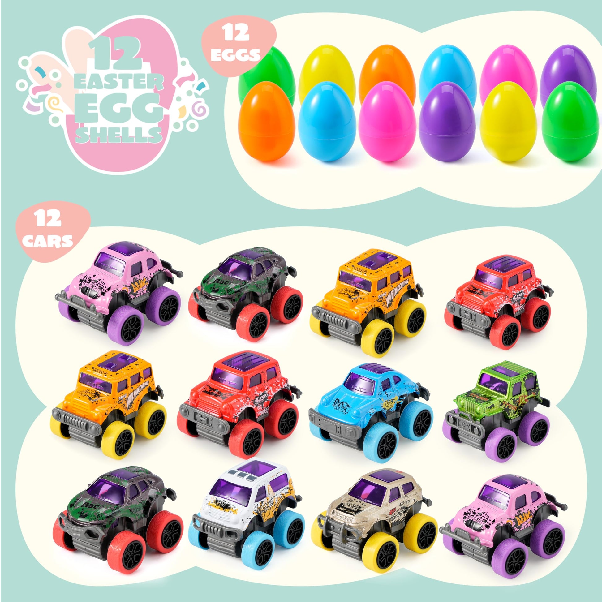 JOYIN 12 Pcs Easter Eggs Filled with Pull Back Monster Cars, Easter Trucks Cars for Kids Egg Hunt, Basket Stuffers Filler and Classroom Prize