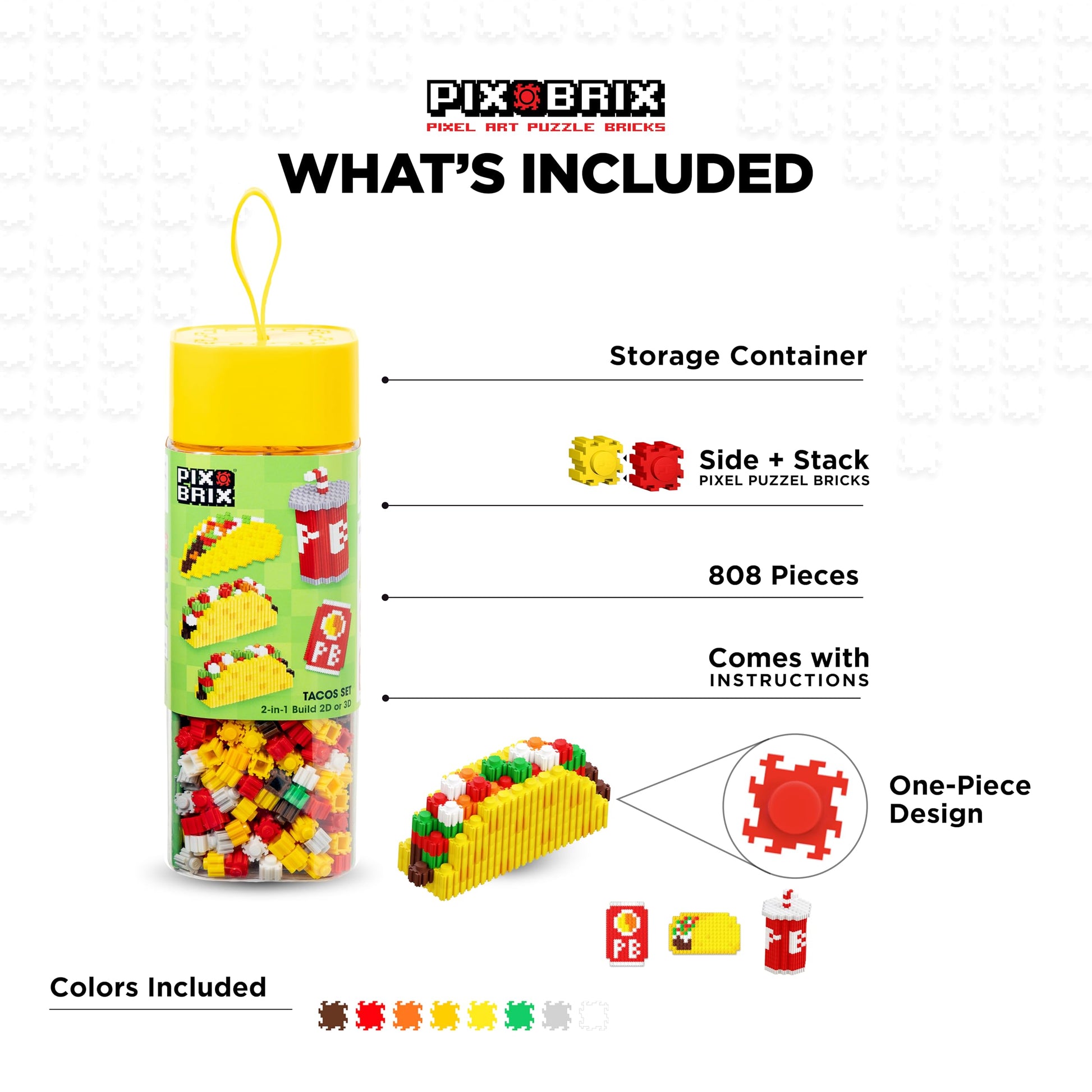 Pix Brix Pixel Art Kit Puzzle Bricks - Food Series, Taco & Drinks - Patented Building Brick Set to Recreate Your Favorite Food, Includes 808 Pieces