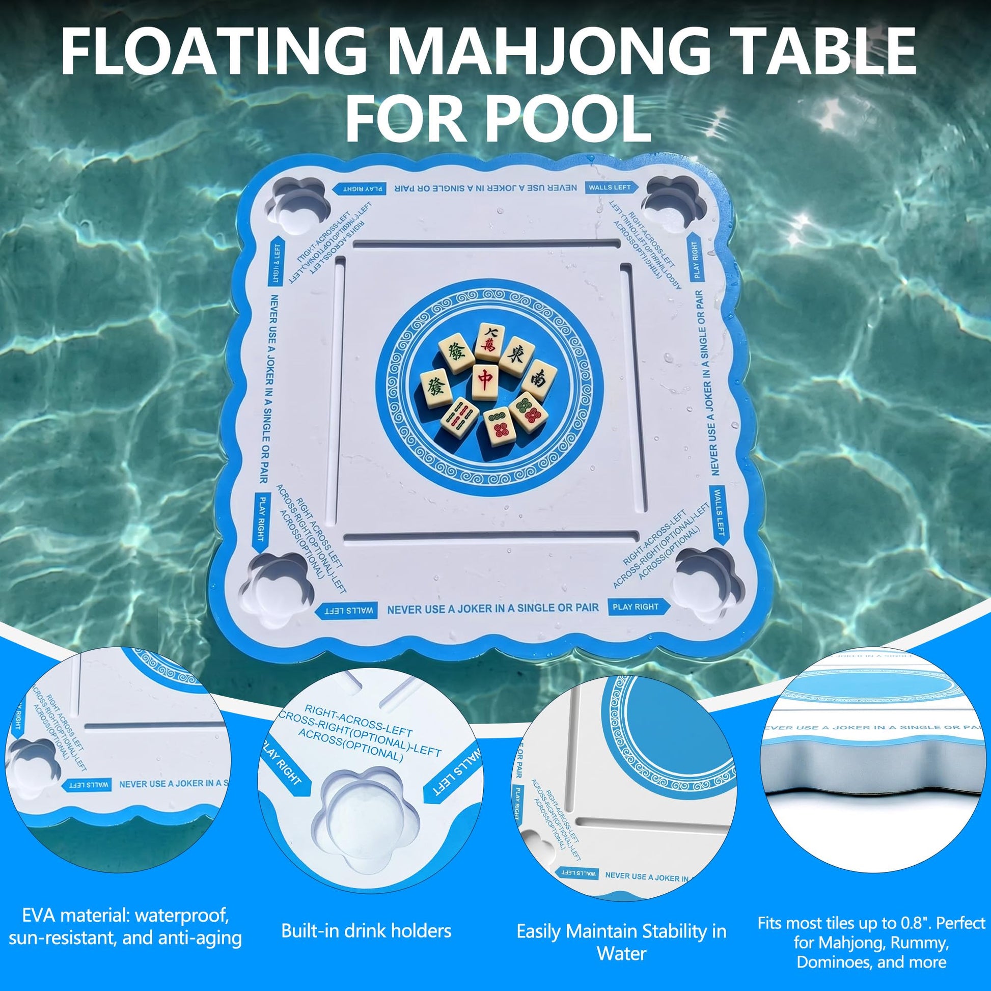 Floating Mahjong Table for Pool, Double-Sided Waterproof Game Tray for Mahjong, Poker, Cards & Dominoes - Portable Water Float Board for Adults, Hot