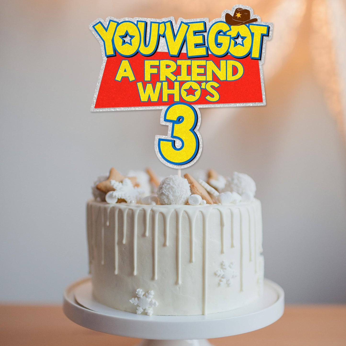 You've Got A Friend Who's 3 Birthday Cake Topper - Glitter Cartoon Story Friend Party Decorations For 3 Years Old Birthday Party Cake Décor
