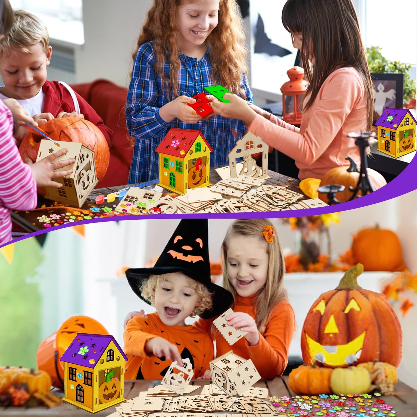 Fennoral 7 Pack Wooden Pumpkin House Craft for Kids - DIY Paint Halloween Art and Craft Project for Halloween Party Decoration