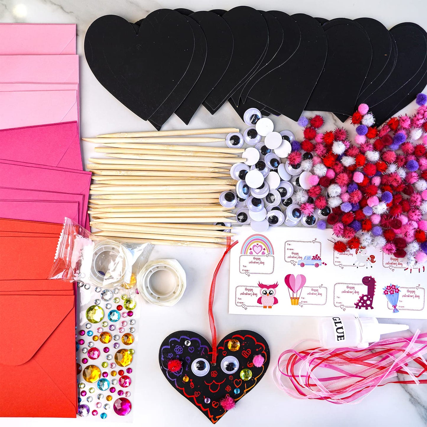 27 Sets Magic Color Scratch Paper Heart Ornaments Bookmarks Valentine Craft Kits Scratch Paper Heart Cutouts Pom-poms Googly Eyes for Kids Activity