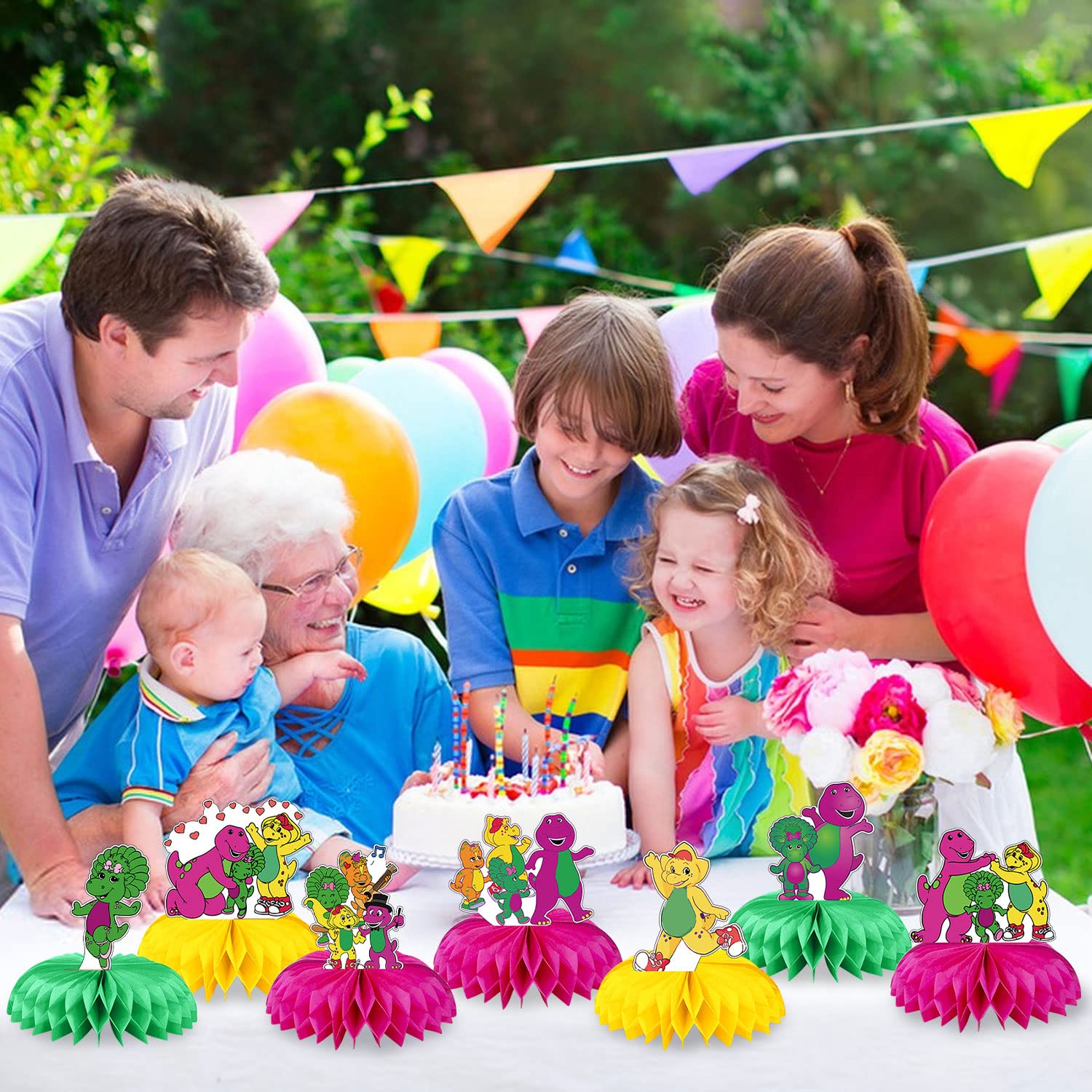 Barney Party Decorations Honeycomb Centerpiece, 7 Pieces Barney Purple Dinosaur Theme 3D Double Side Cake Toppers Table Centerpieces, Barney Photo