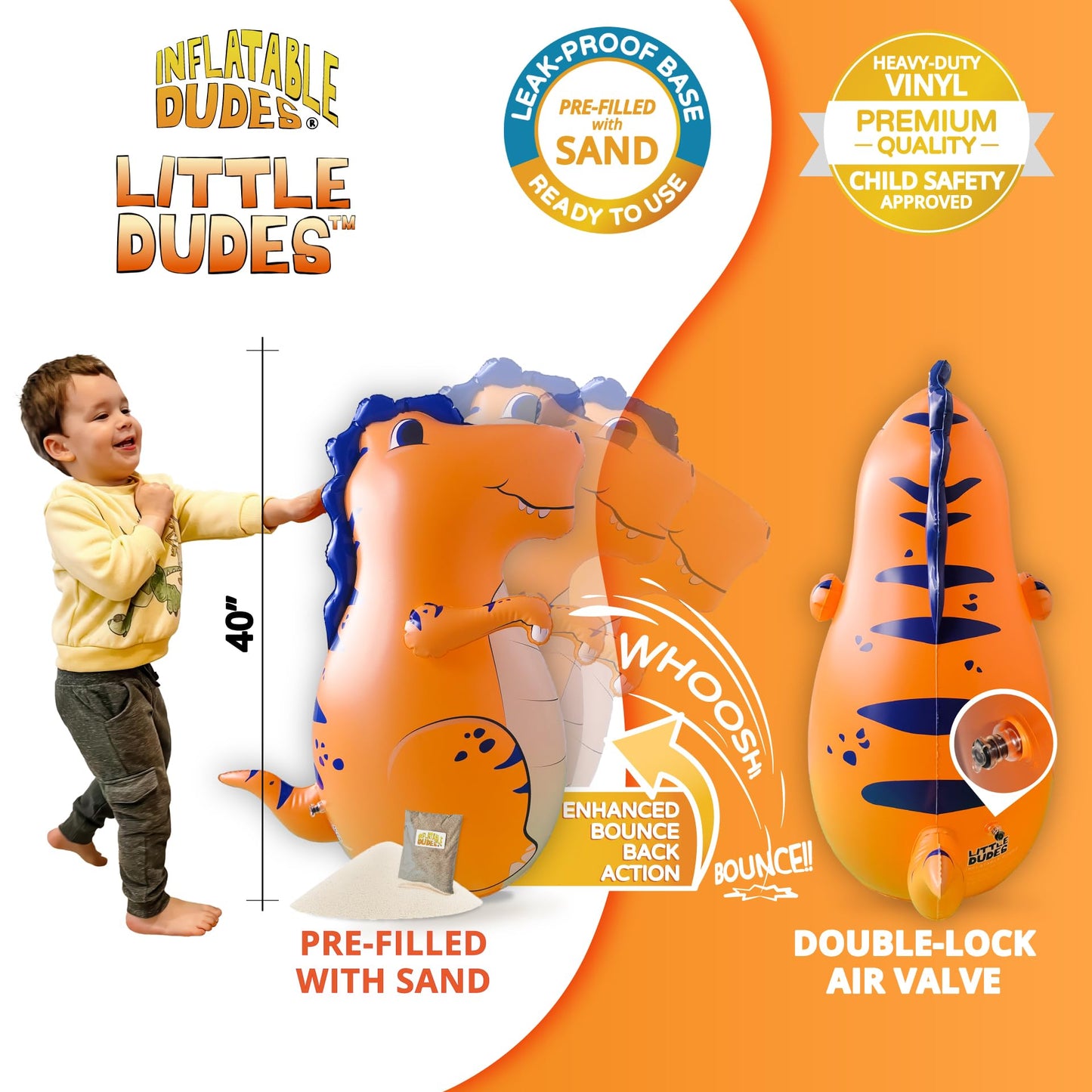 INFLATABLE DUDES Orange Dinosaur Toy 40” - Kids Punching Bag | Sand-Base