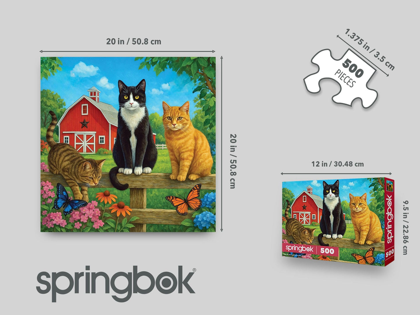 Springbok Farm Cats 500 Piece Jigsaw Puzzle for Adults & Family - Poster Now Included - Country Farm Art, Playful Cats Illustration - Unique Cut