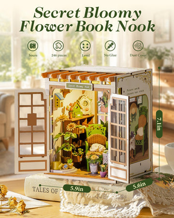 ROBOTIME DIY Miniature House-Secret Bloomy Nook, Greenhouse Miniature House Kits for Adults, Flowers Plants Garden Book Nook Kit with LED Bookshelf