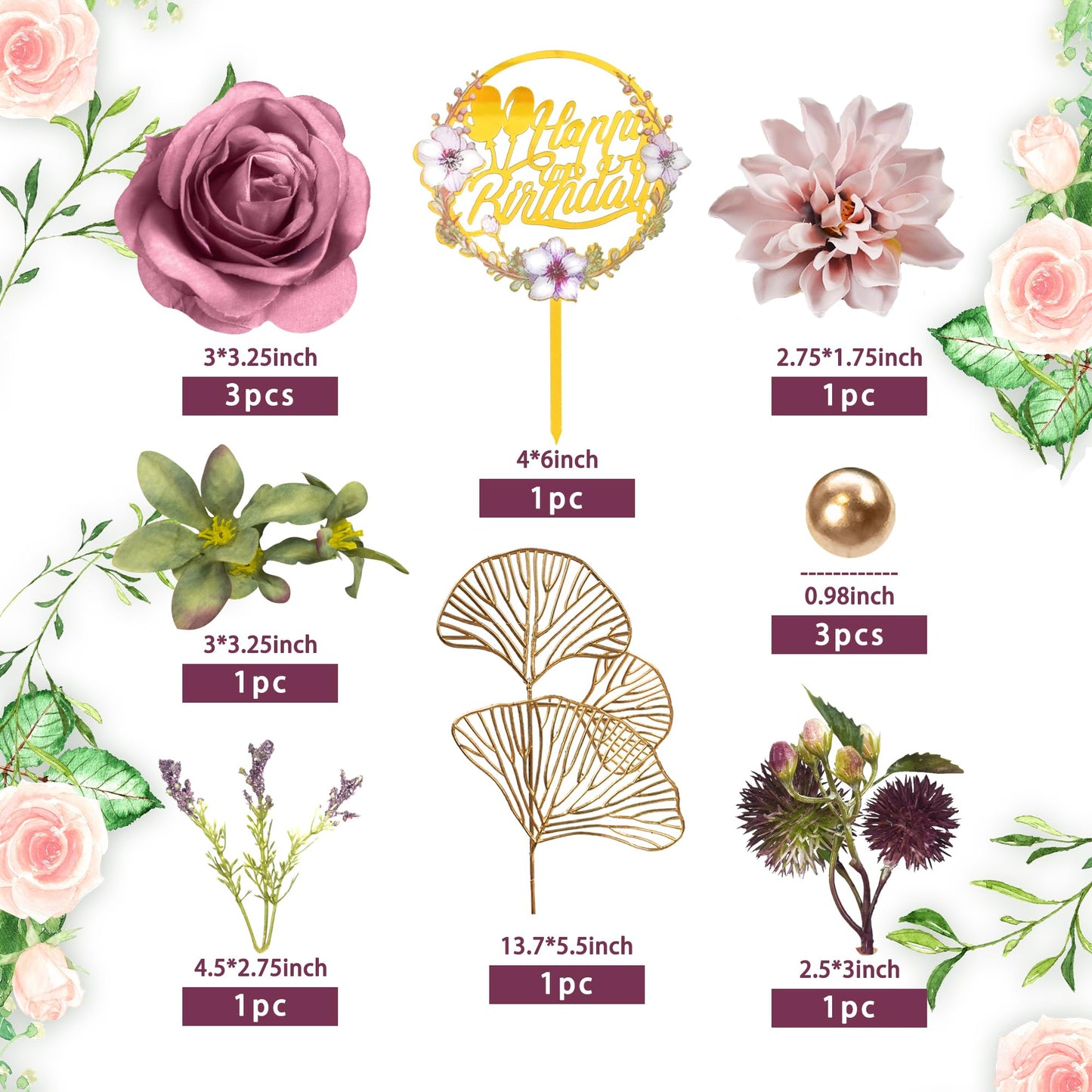 Flower Cake Toppers Happy Birthday Cake Toppers with Artificial Purple Rose Flowers Eucalyptu Leaves for Wedding Supplies (Purple)