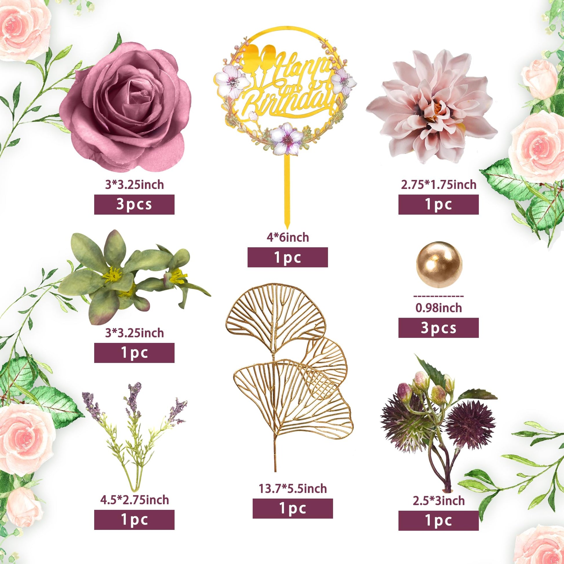 Flower Cake Toppers Happy Birthday Cake Toppers with Artificial Purple Rose Flowers Eucalyptu Leaves for Wedding Supplies (Purple)