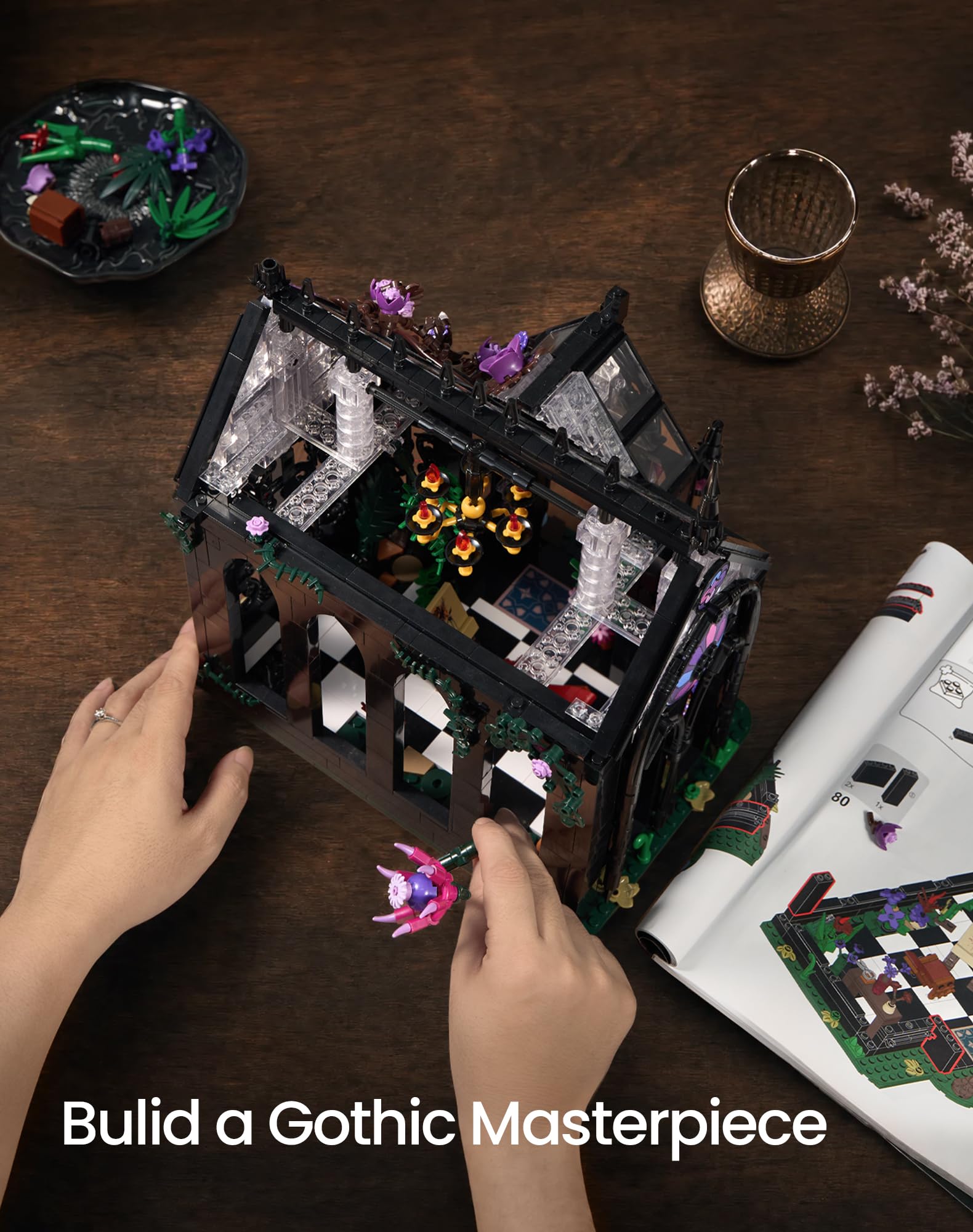 Gothic Greenhouse Building Set with Lights, Architecture Model with Stained Glass & Rose Vines, Botanical Garden Display with Flowers & Plants, Gothic