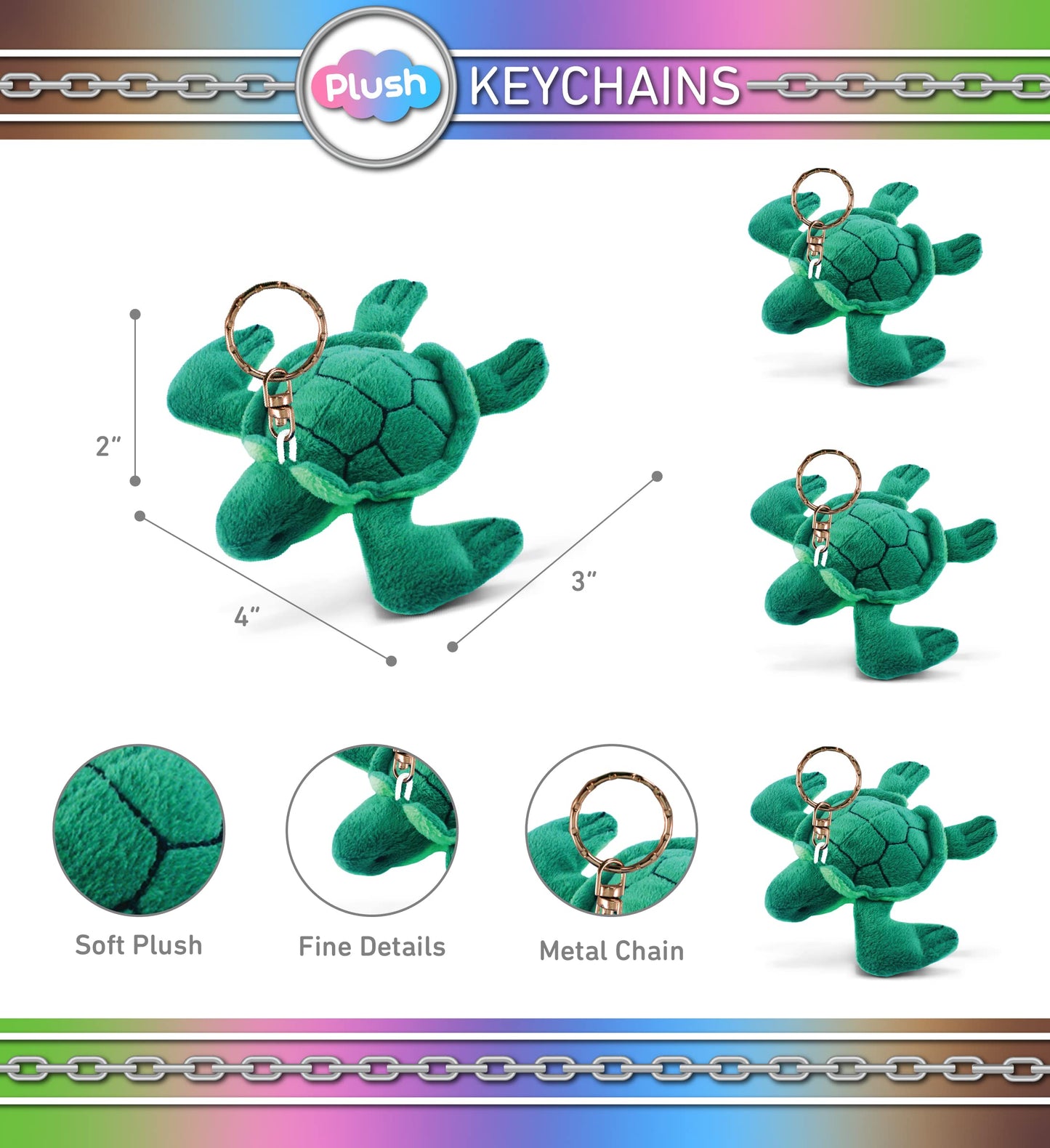 Puzzled Keychain, Green Sea Turtle Plush Toy, Soft Keyring Accessory, 4-Inch Unisex-Kids Keychain Decor, Children & Adult Couples Gift