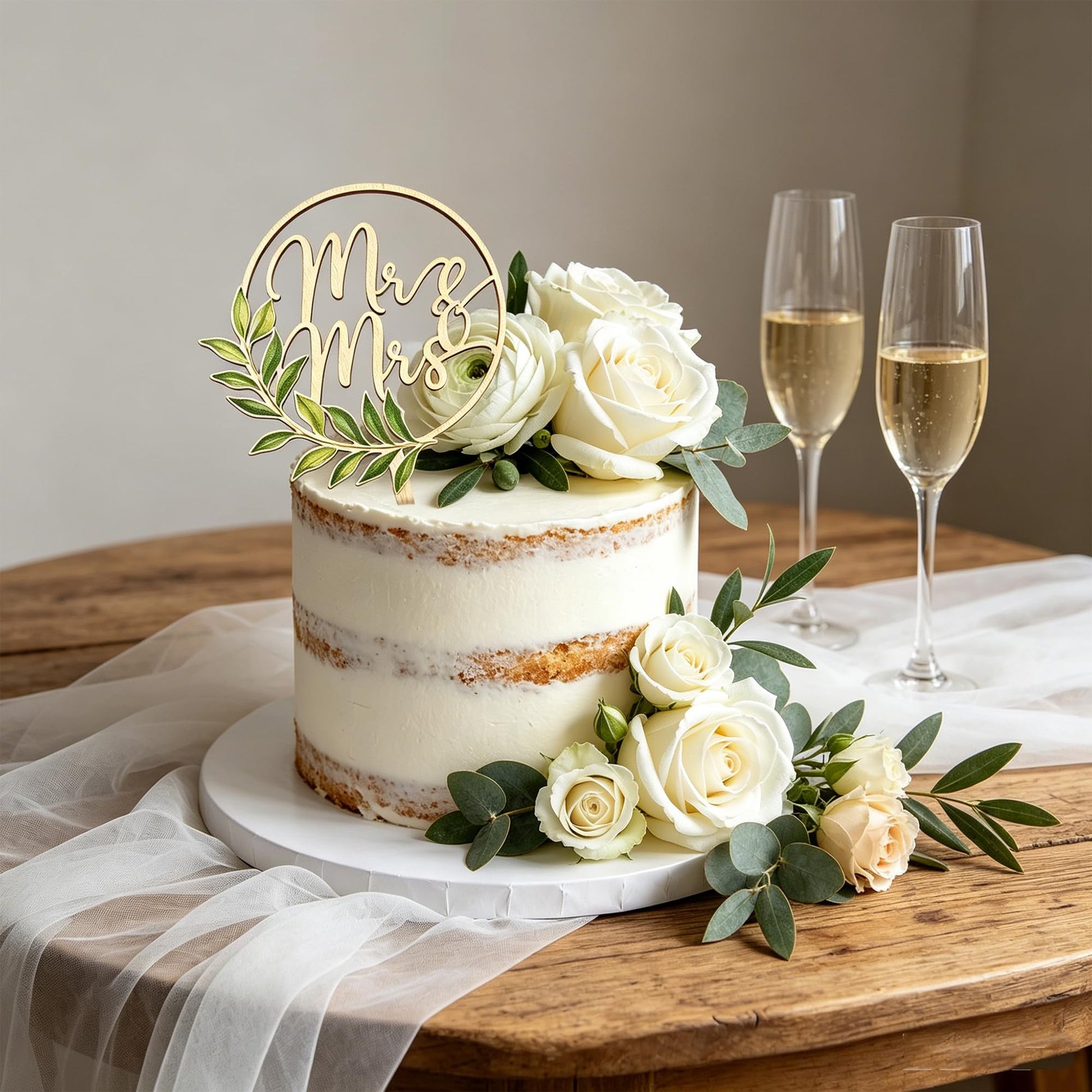 Mr & Mrs Wooden Wedding Cake Topper White Roses Flower Cake Decorations