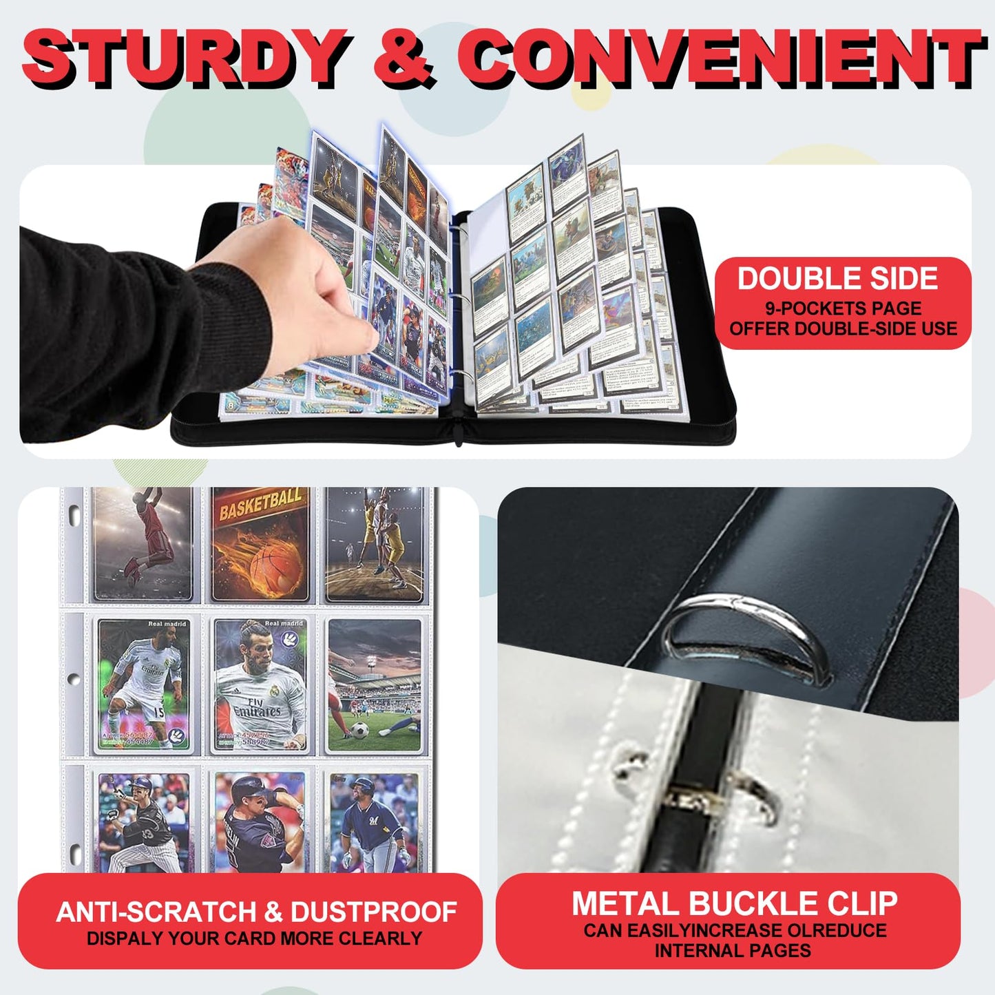 1008 Card Binder 9 Pocket, 3-Ring Trading Card Binder with 56 Page Removable Sleeves, High Storage Waterproof Trading Card Holder Collection Card