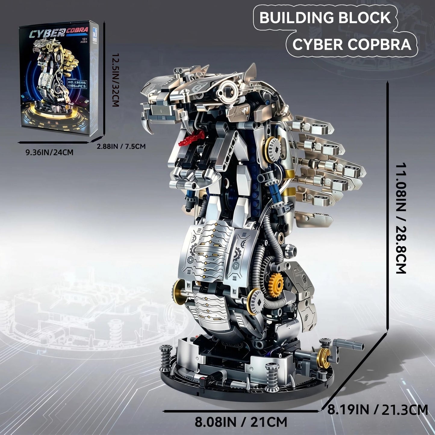 Mechanical Cobra Building Block Set, Compatible with LEGO for Adults, Steampunk Snake Animal Model, Collection Toy with Movable Head, Display Stand