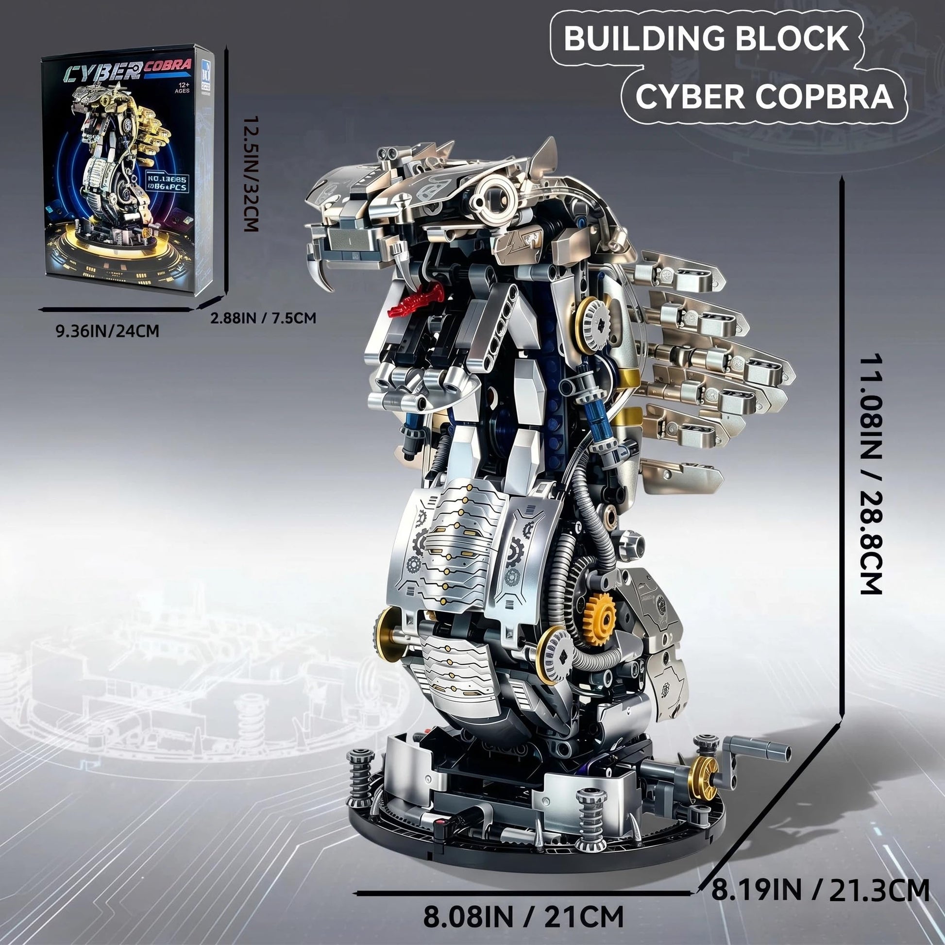 Mechanical Cobra Building Block Set, Compatible with LEGO for Adults, Steampunk Snake Animal Model, Collection Toy with Movable Head, Display Stand