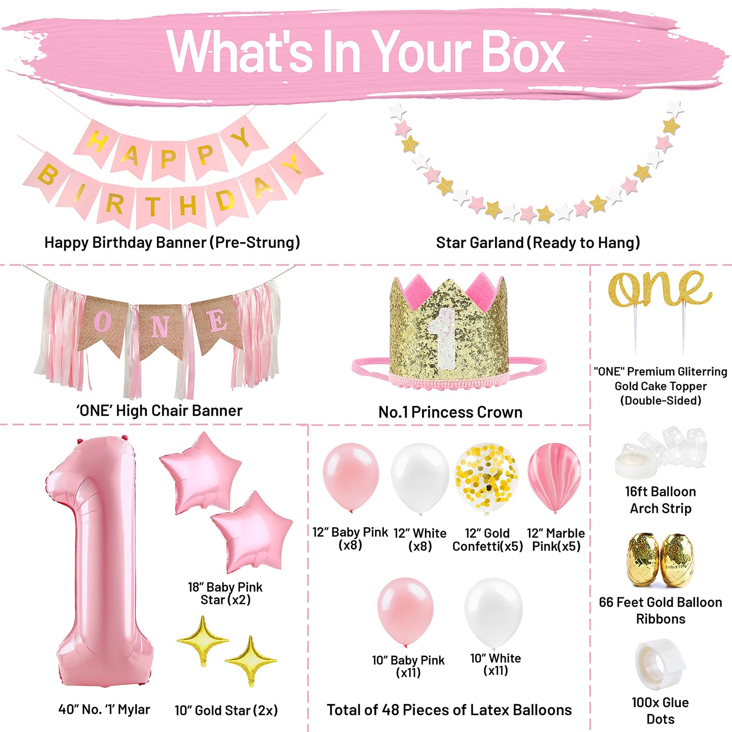 First Birthday Decorations for Girl | 1st Baby Girl Number 1 Balloon, Happy Birthday Banner, “One” Cake Topper, Star Garland, Marble Pink, Gold