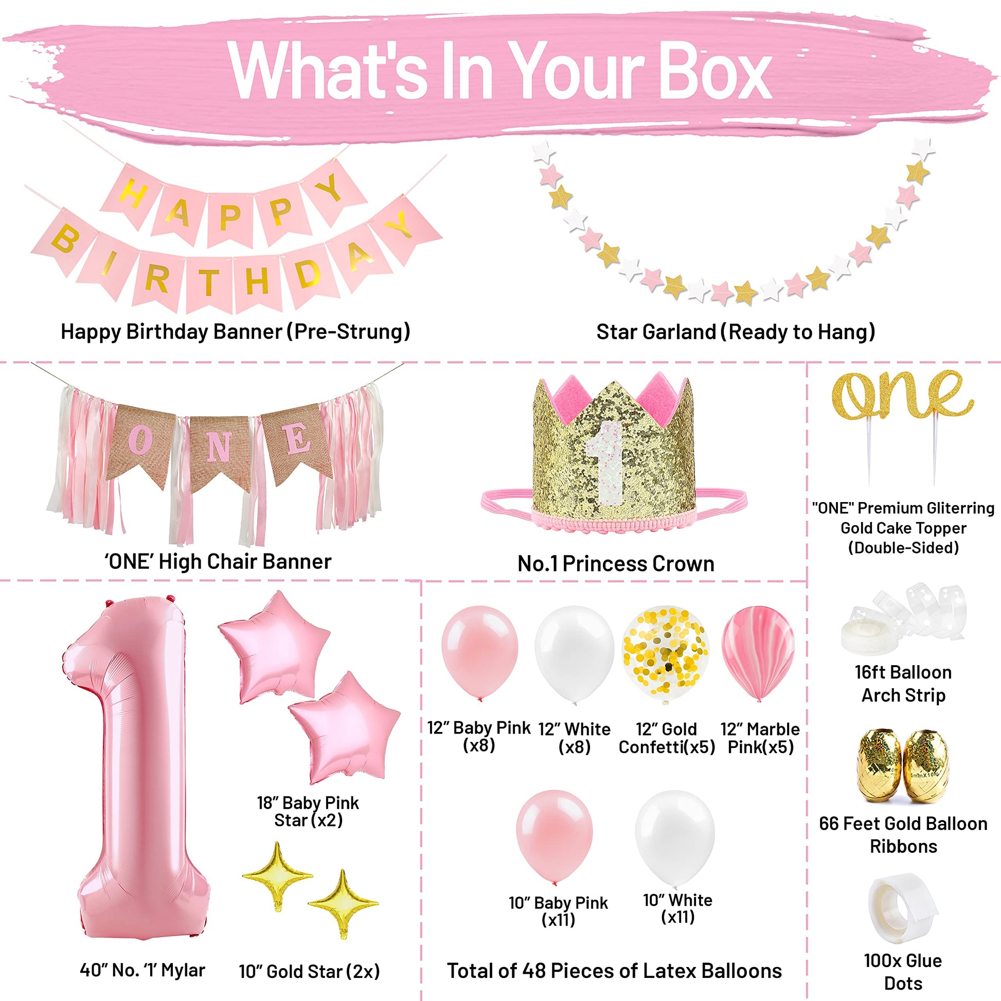 First Birthday Decorations for Girl | 1st Baby Girl Number 1 Balloon, Happy Birthday Banner, “One” Cake Topper, Star Garland, Marble Pink, Gold