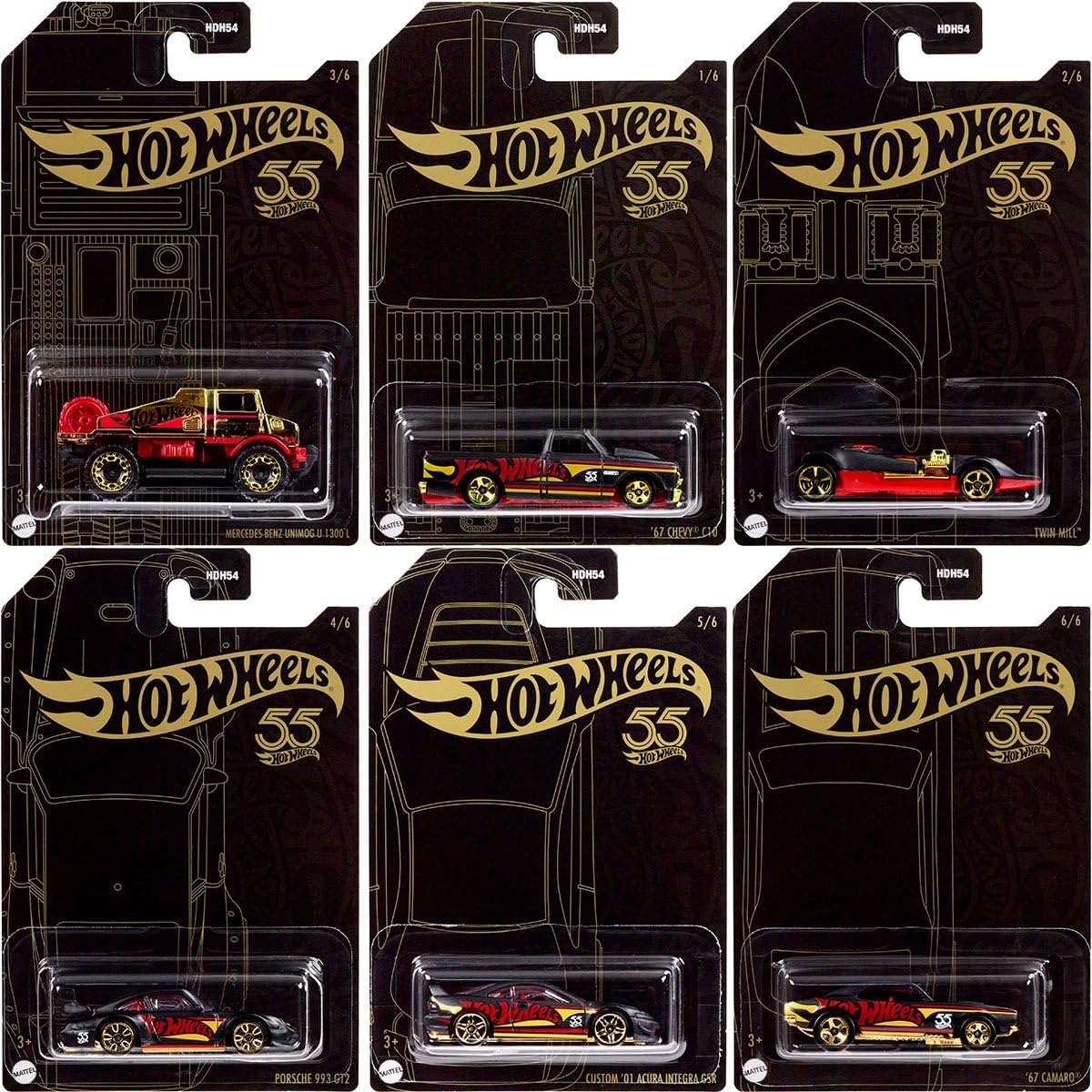 2023 Hotwheels 55th Anniversary Pearl & Chrome Complete 6 Cars Set - Premium Metal Toy Cars for Collectors and Enthusiasts, 1:64 Scale Die-Cast
