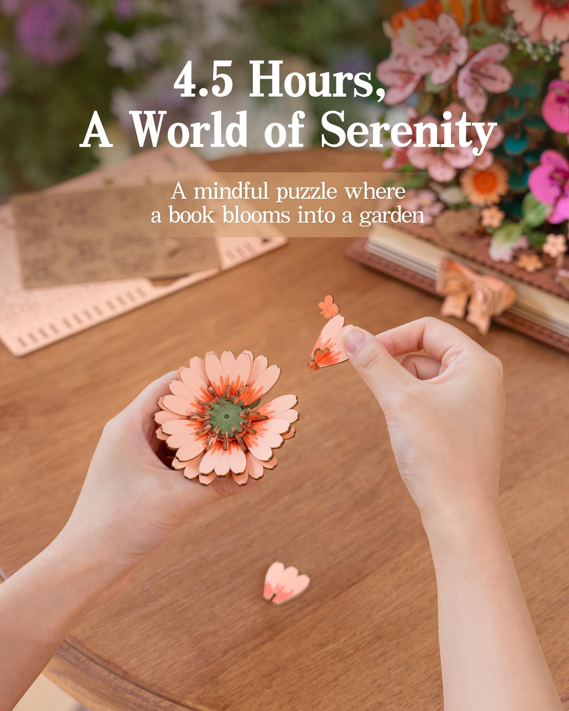 ROBOTIME 3D Wooden Blooming Book Garden DIY Kit, Flowers Building Set, Adult Creative Craft & Home Decor Puzzle, Unique Gift for Women, Mom