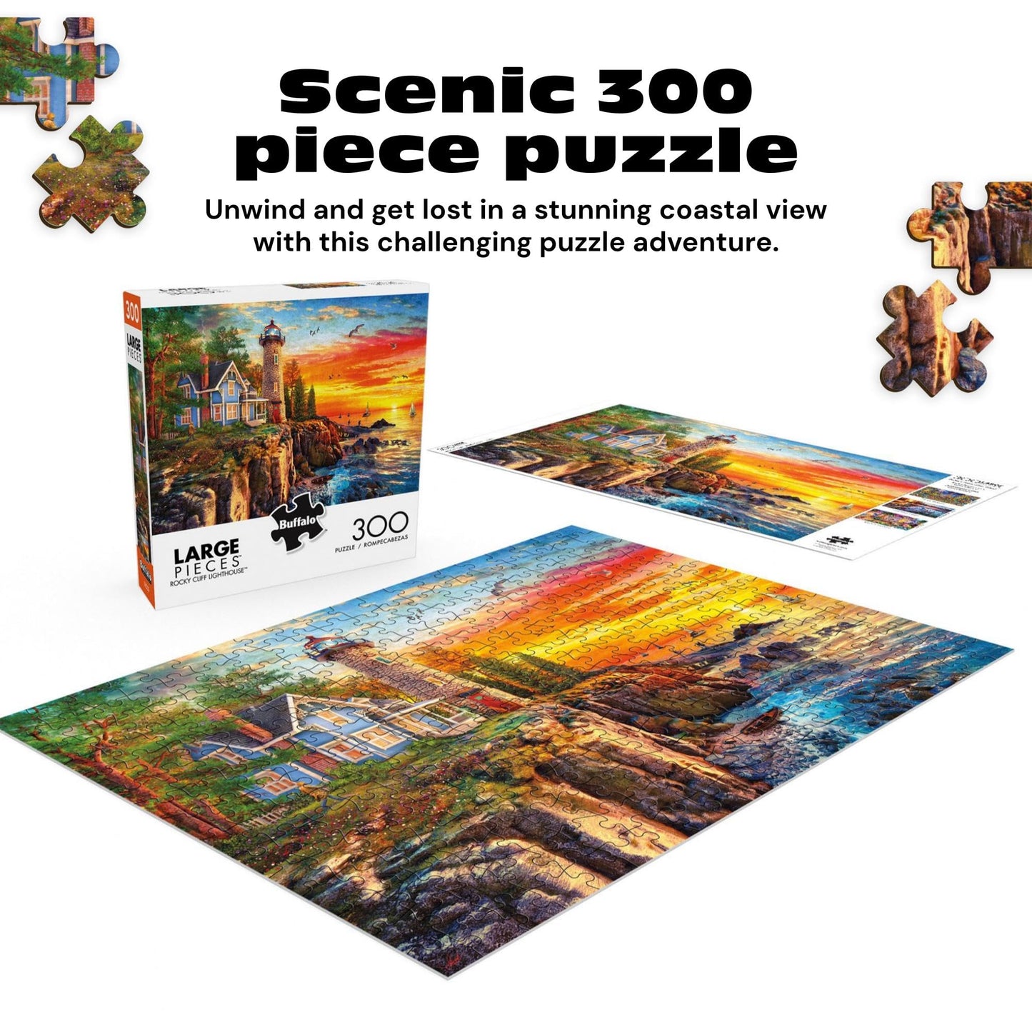 Buffalo Games - Rocky Cliff Lighthouse - 300 Large Piece Puzzle for Adults