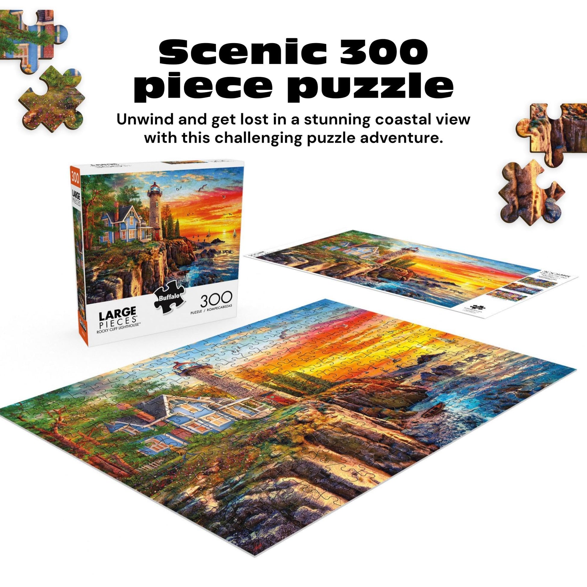 Buffalo Games - Rocky Cliff Lighthouse - 300 Large Piece Puzzle for Adults