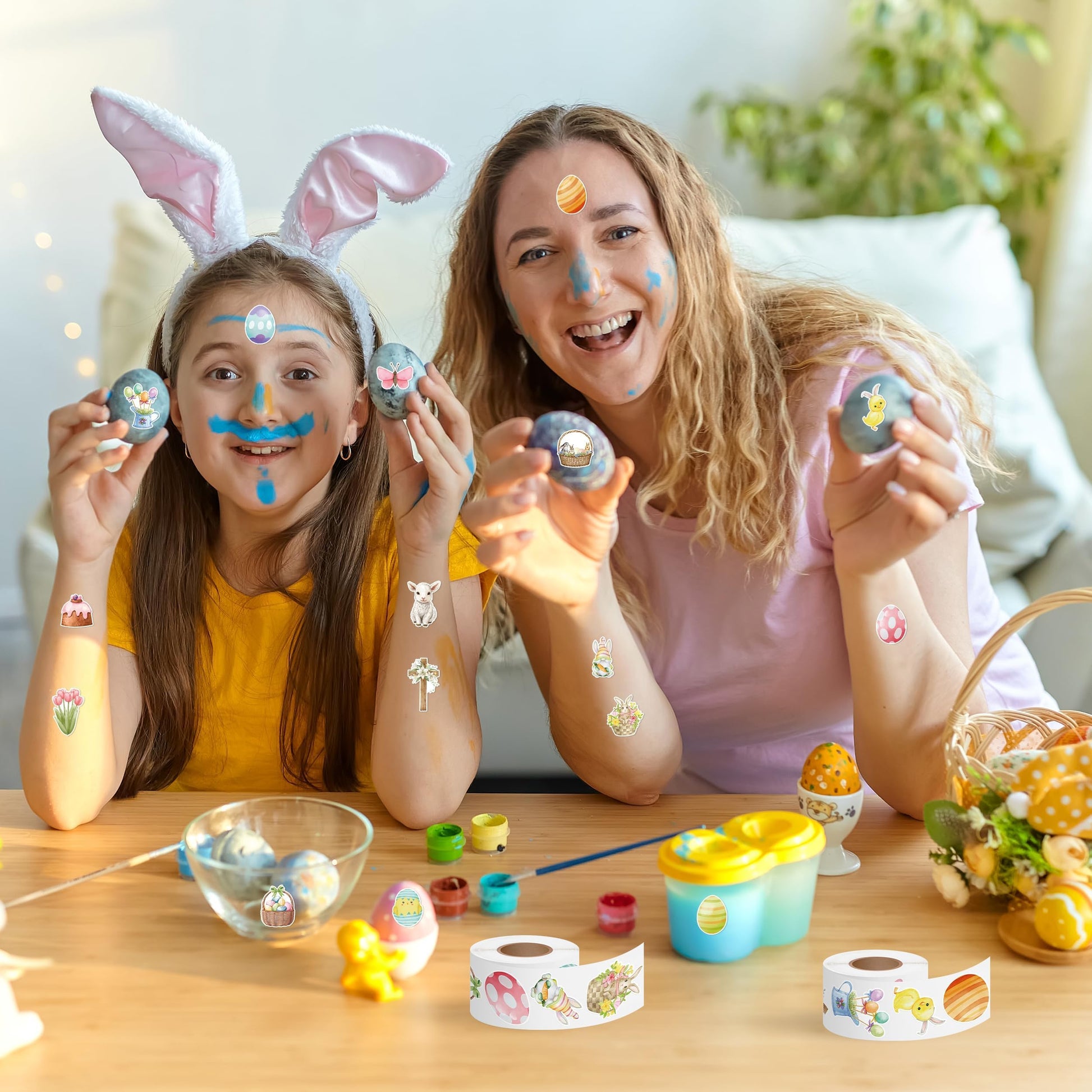5wsech Cute Watercolor Roll Stickers - 1000Pcs Colorful Egg Flower Chick Bunny Aesthetic Vinyl Stickers for Kids, Happy Easter Party Gift Waterproof