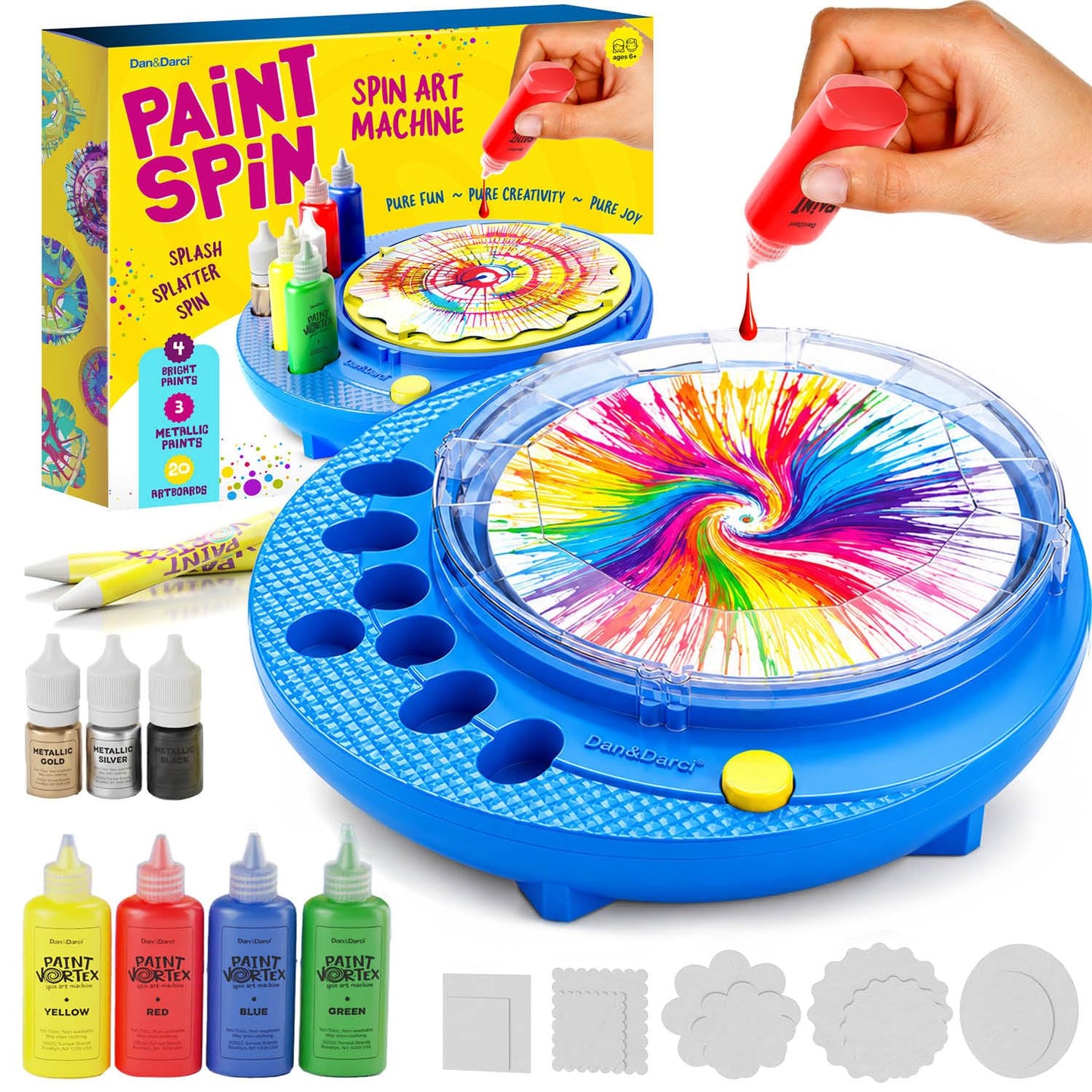 Dan&Darci Paint Vortex Spin Art Machine - Kids Art Kit for Boys & Girls Ages 6+, Motorized Spinner with Splash Guard, Metallic Paints & 20 Artboards