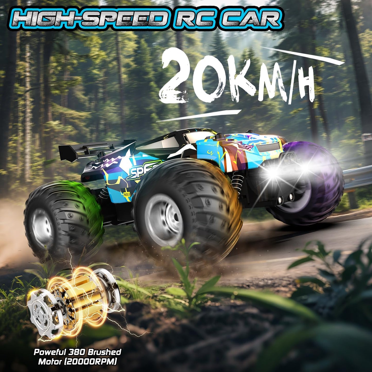 All Terrain Remote Control Car for Boy with LED Lights 2 Batteries 20 KM/H