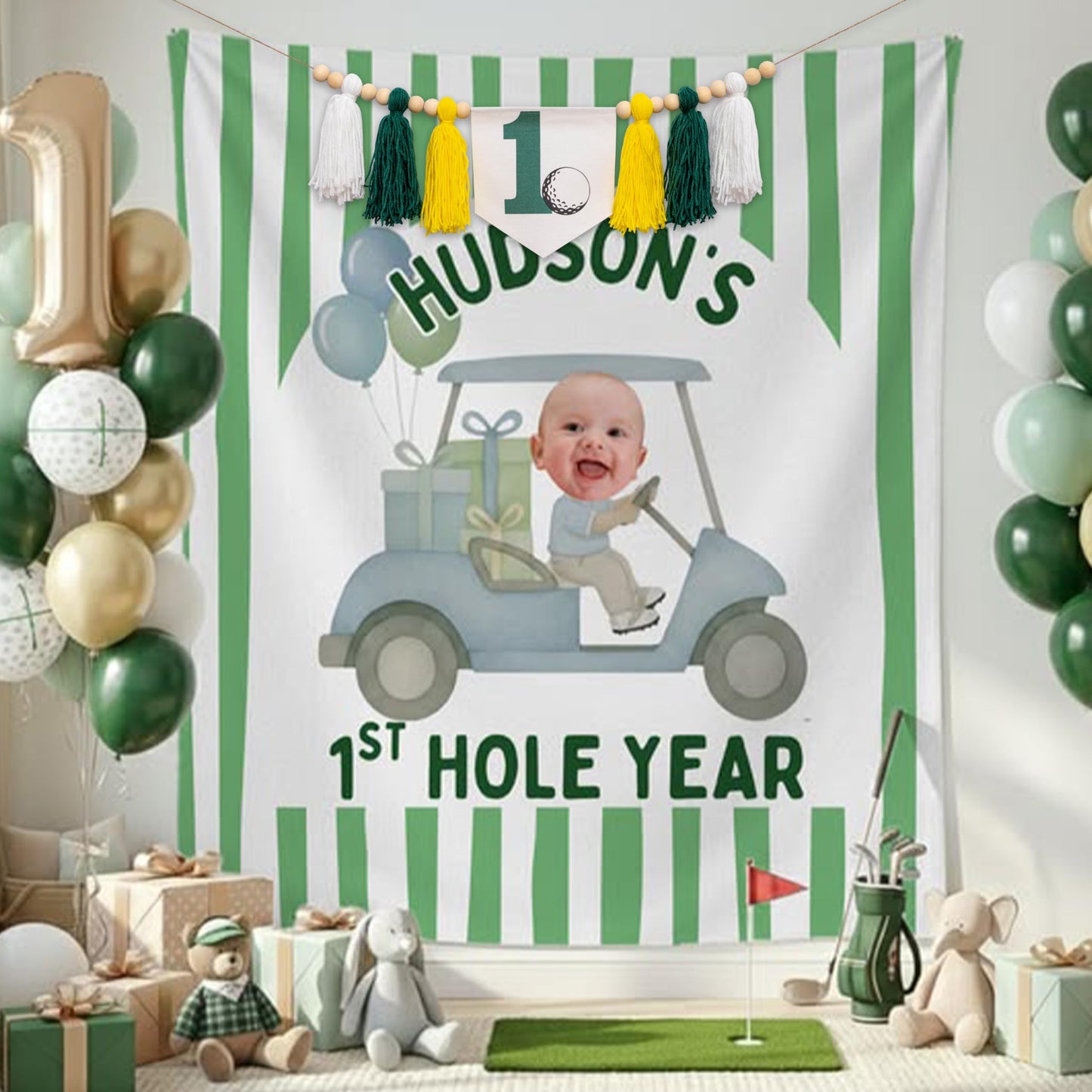 SHERKARMIU Golf-Themed 1st Birthday Fabric Banner