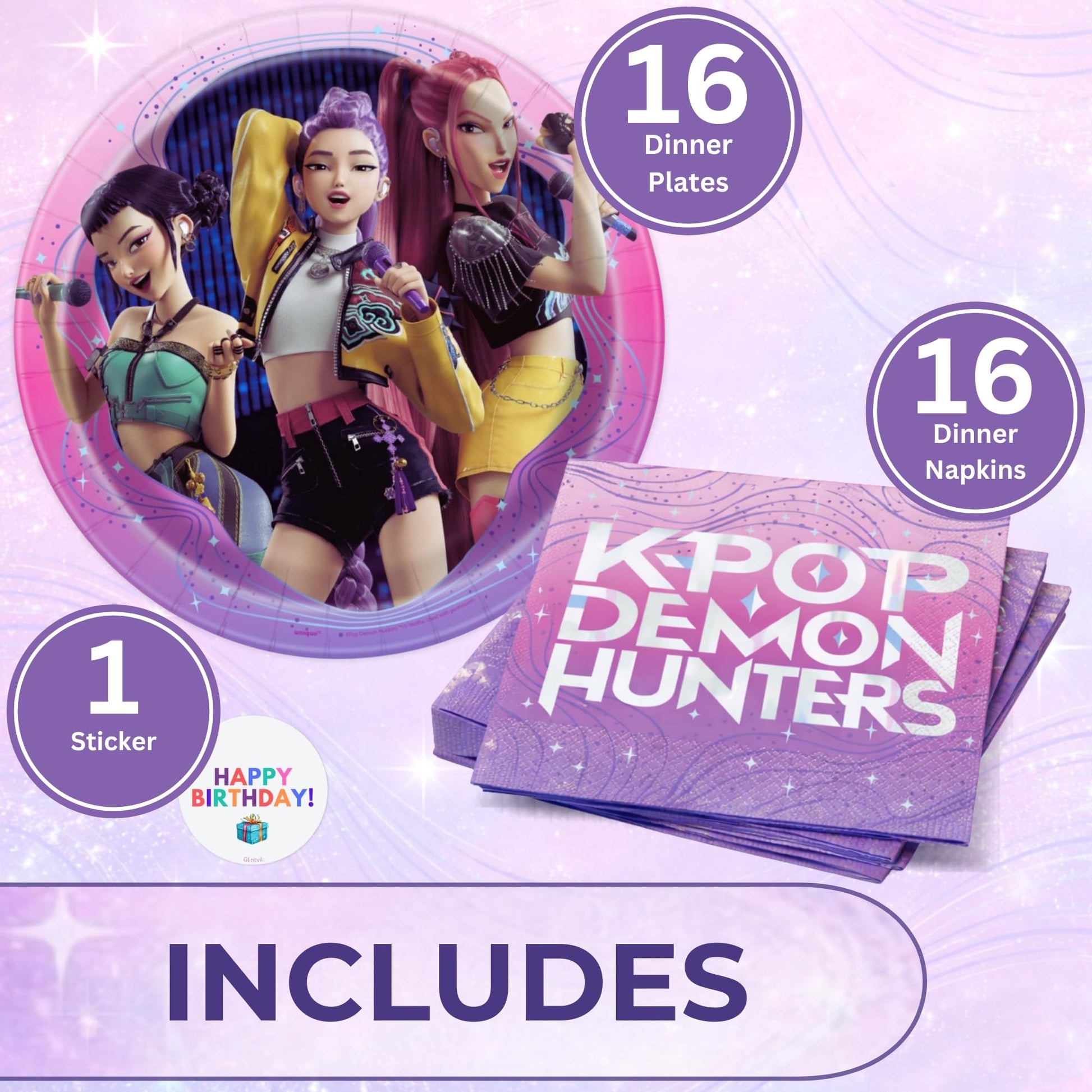 Unique 16 Pack KPop Plates and Napkins - 16 KPop Birthday Plates, 16 Napkins - K Pop Demon Hunters Party Decorations and Suplies - Officially Licensed