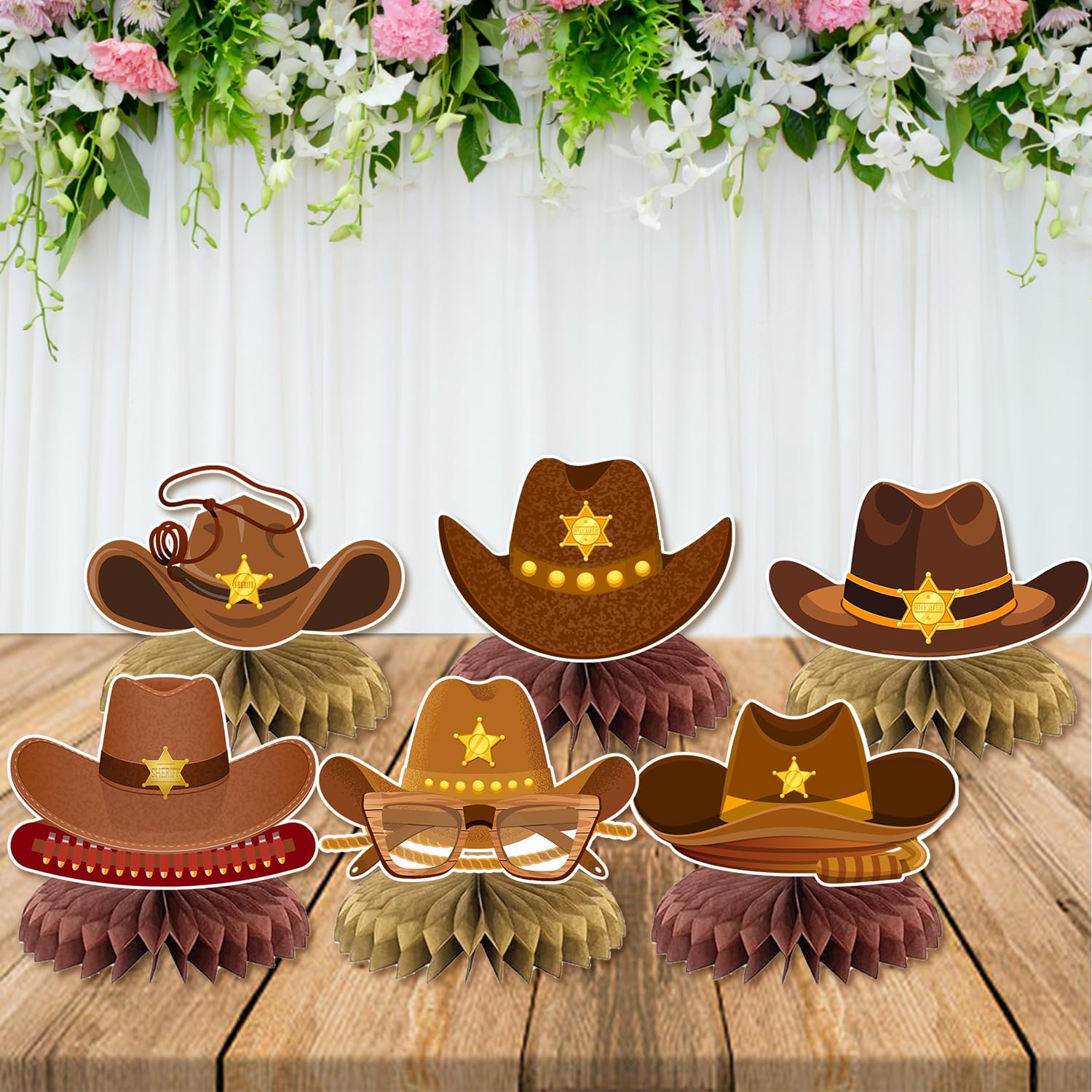 JIUJIUBER 9 Pcs Western Party Centerpiece Decorations Western Cowboy Hats Honeycomb Centerpieces for Tables Cowboy Themed Baby Shower Birthday Party