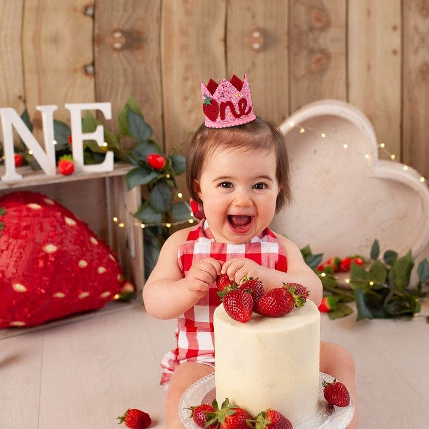 MADENG Pink Strawberry Hat/Crown - First Birthday Decoration, Berry Sweet Cake Smash Prop, Party Supplies Backdrop for Baby Girl