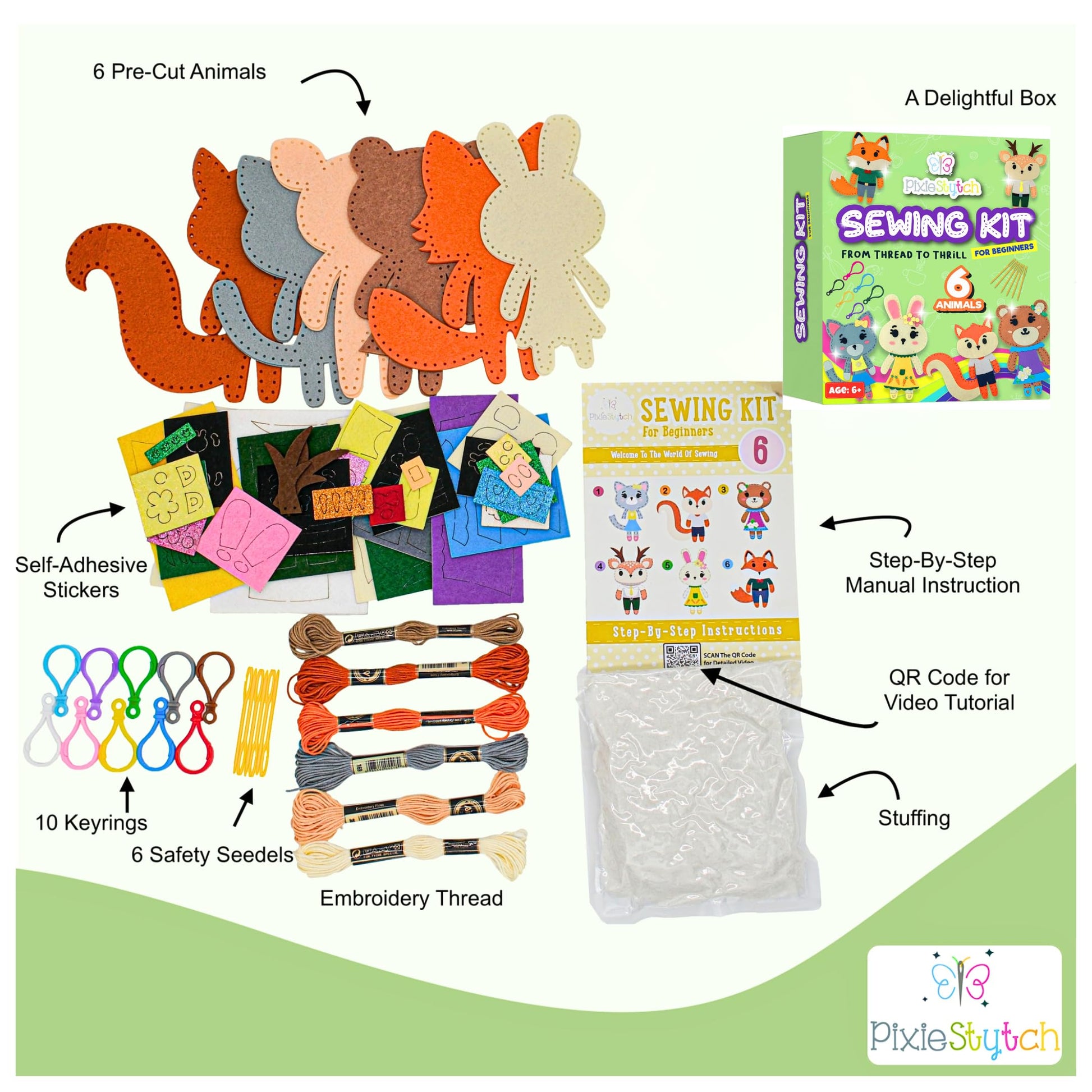 Pixiestytch Sewing Kit for Kids - Sew & Create 6 Adorable Stuffed Animal Projects - Fun DIY Craft Set for Ages 6 and up - Educational & Creative