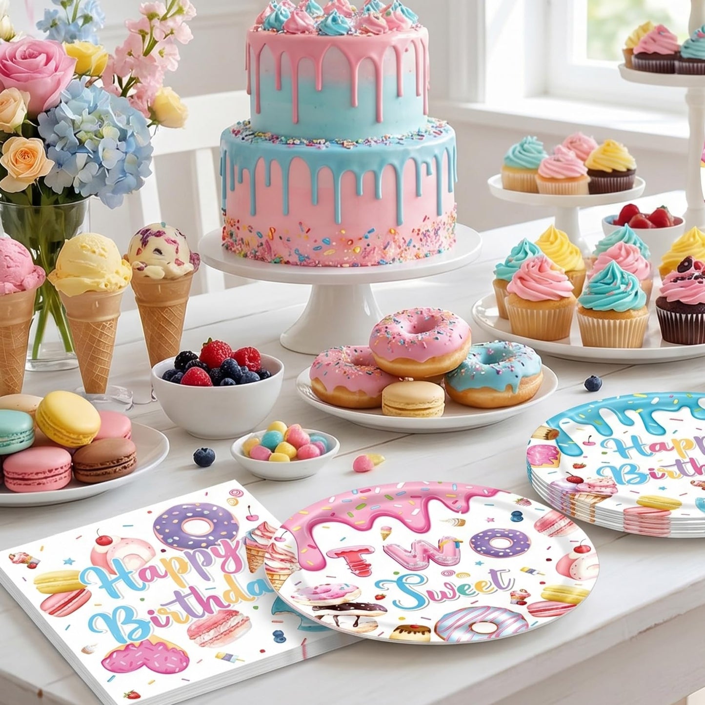 2nd Birthday Decorations for Girl,40PCS Two Sweet Birthday Decorations Includes Disposable Plates & Napkins,Girls 2 Year Old Sprinkle Donut Ice Cream