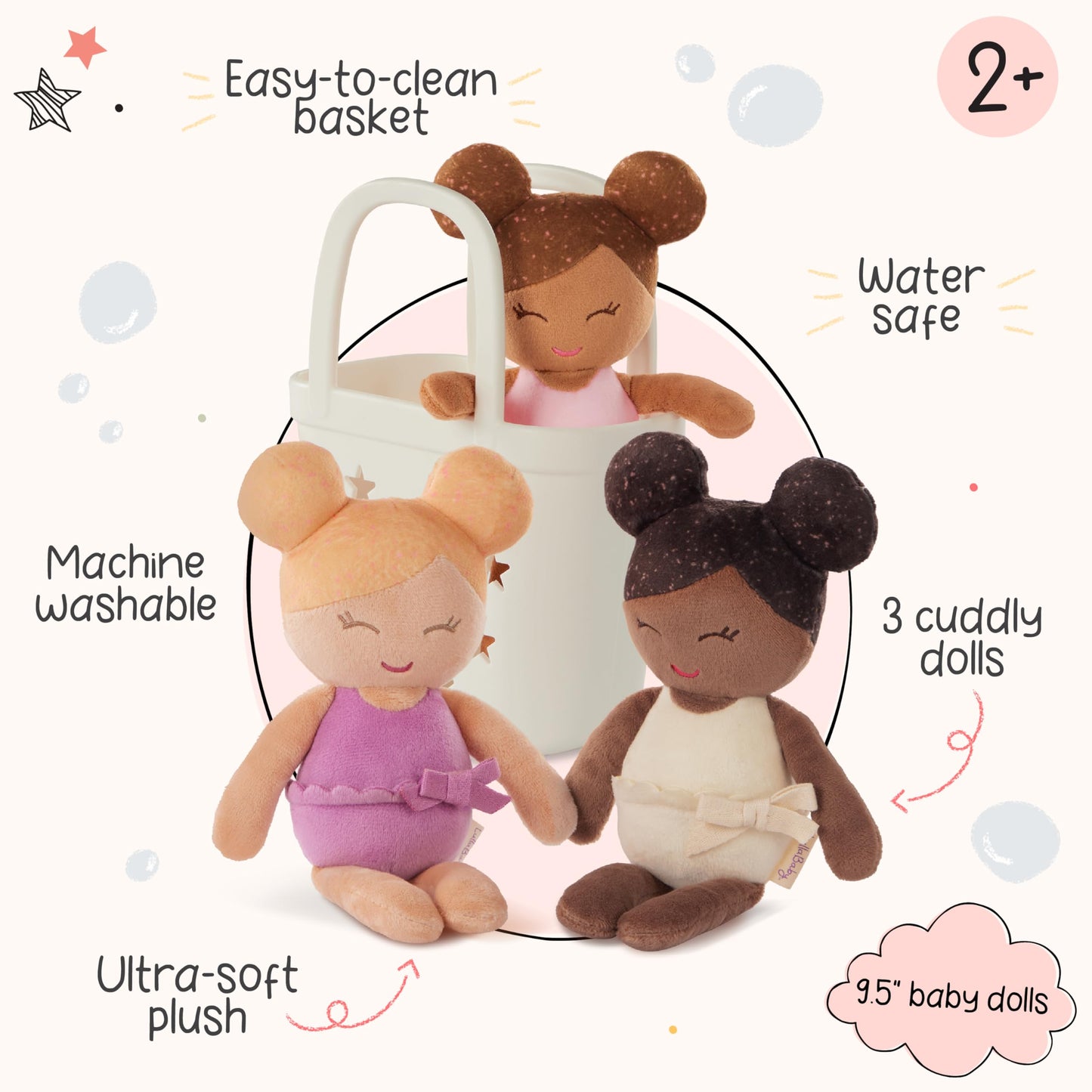 LullaBaby Bath Dolls Set, 3 Soft Plush Water Play Dolls with Basket