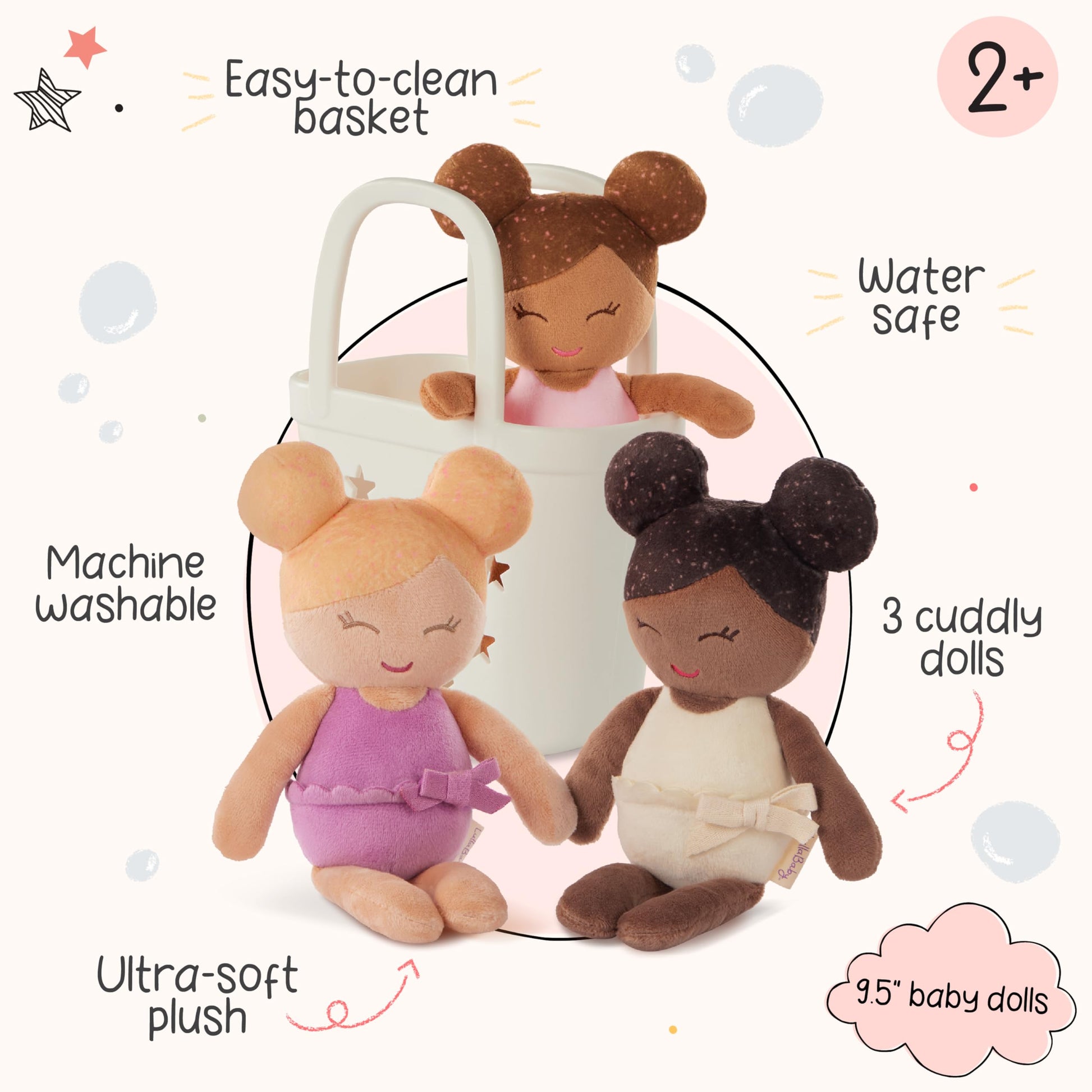 LullaBaby Bath Dolls Set, 3 Soft Plush Water Play Dolls with Basket