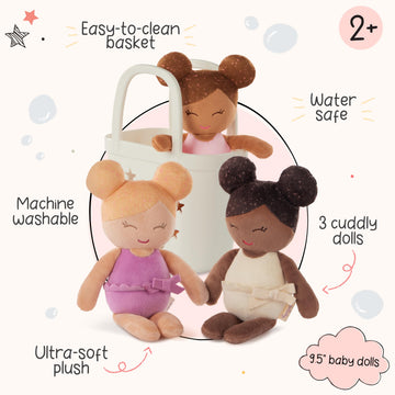 LullaBaby Bath Dolls Set, 3 Soft Plush Water Play Dolls with Basket