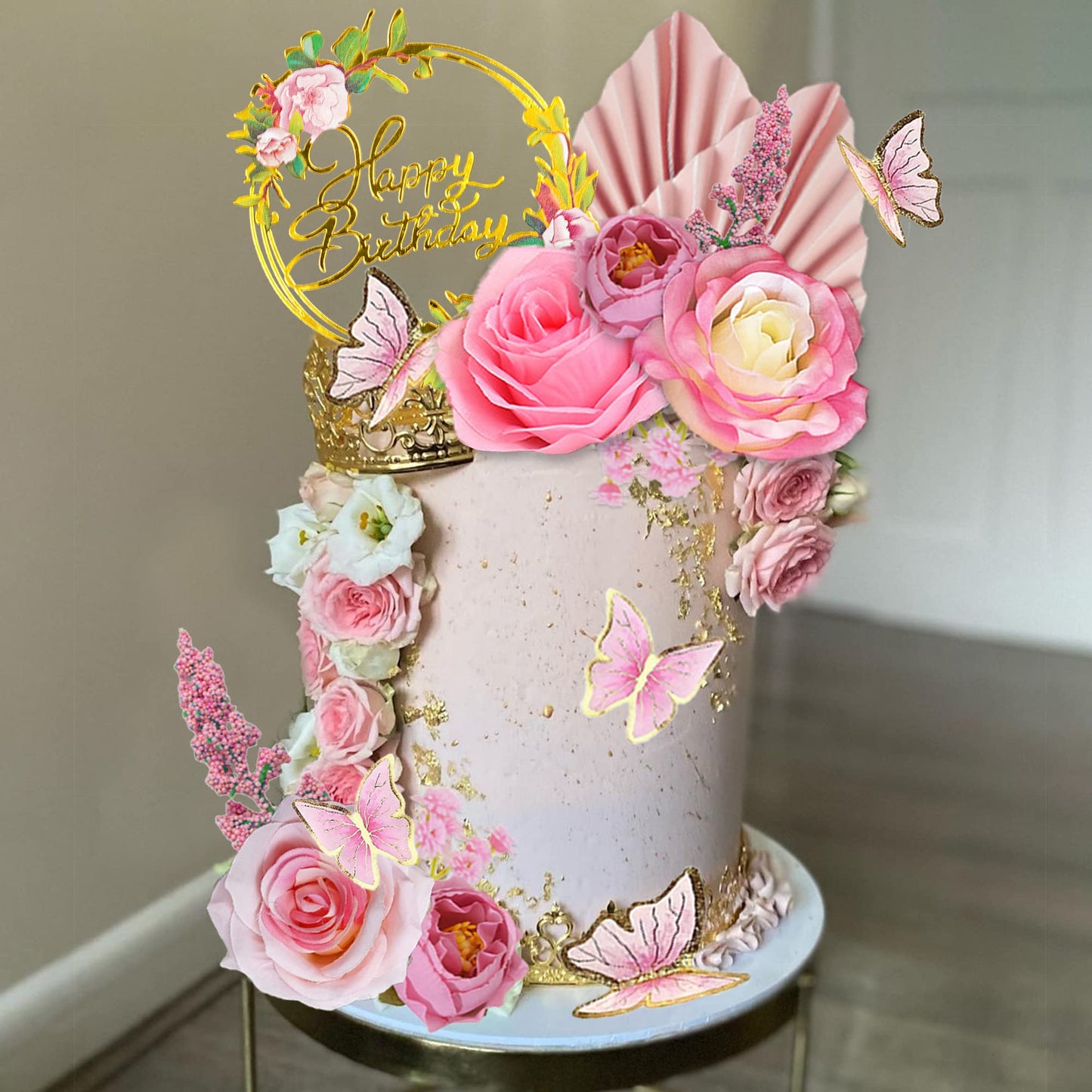 17 PCS Flower Cake Toppers Boho Cake Toppers Butterfly Cake Decorations with Light Artificial Roses Eucalyptus for Wedding Birthday Supplies (Light