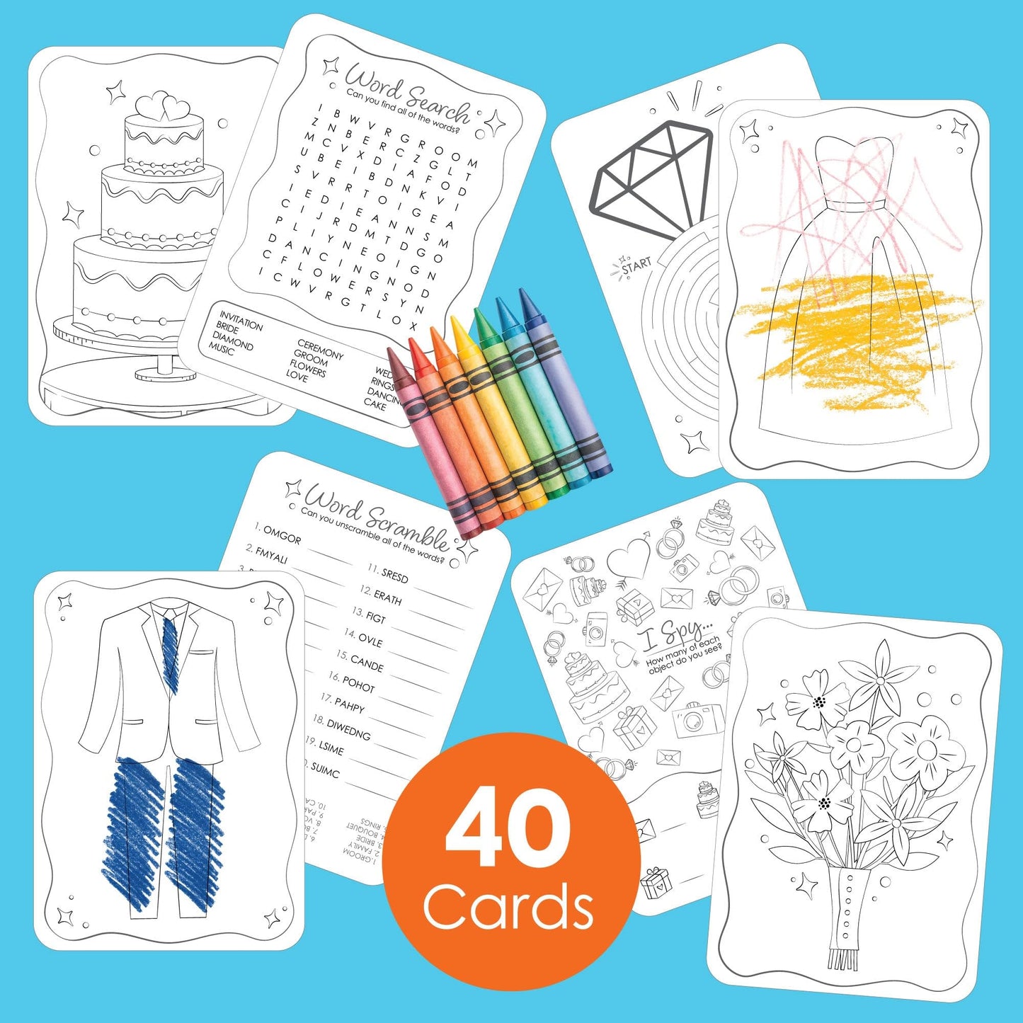 Big Dot of Happiness Wedding Kids Table Coloring Activity Cards, Wedding-Themed Games for Children, Double-Sided Gamerific Bundle - 40 Count