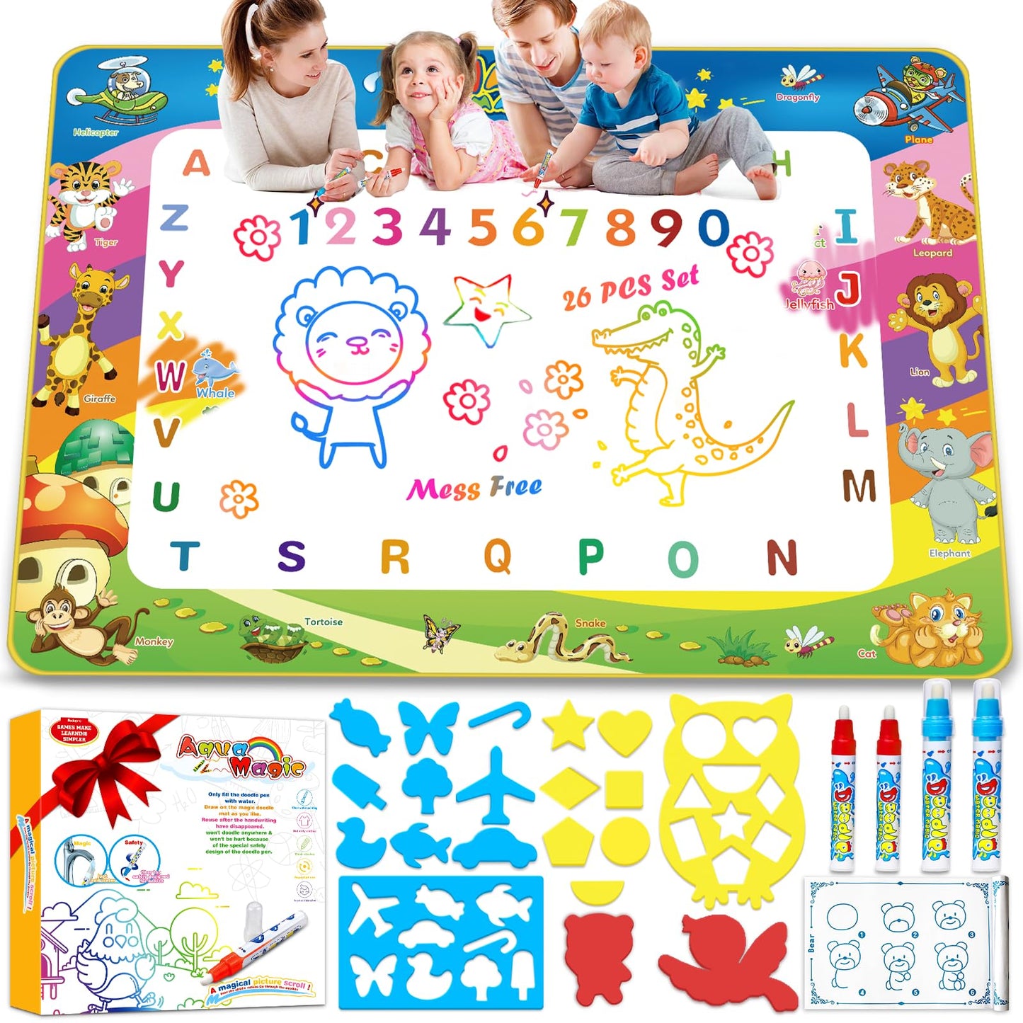 Wedopro Water Doodle Mat 40x30 - Mess-Free Toddler Toys for Ages 3-7 with 27 Pcs | Reusable Water Reveal Educational Drawing Mat for Kids with 24 ABC