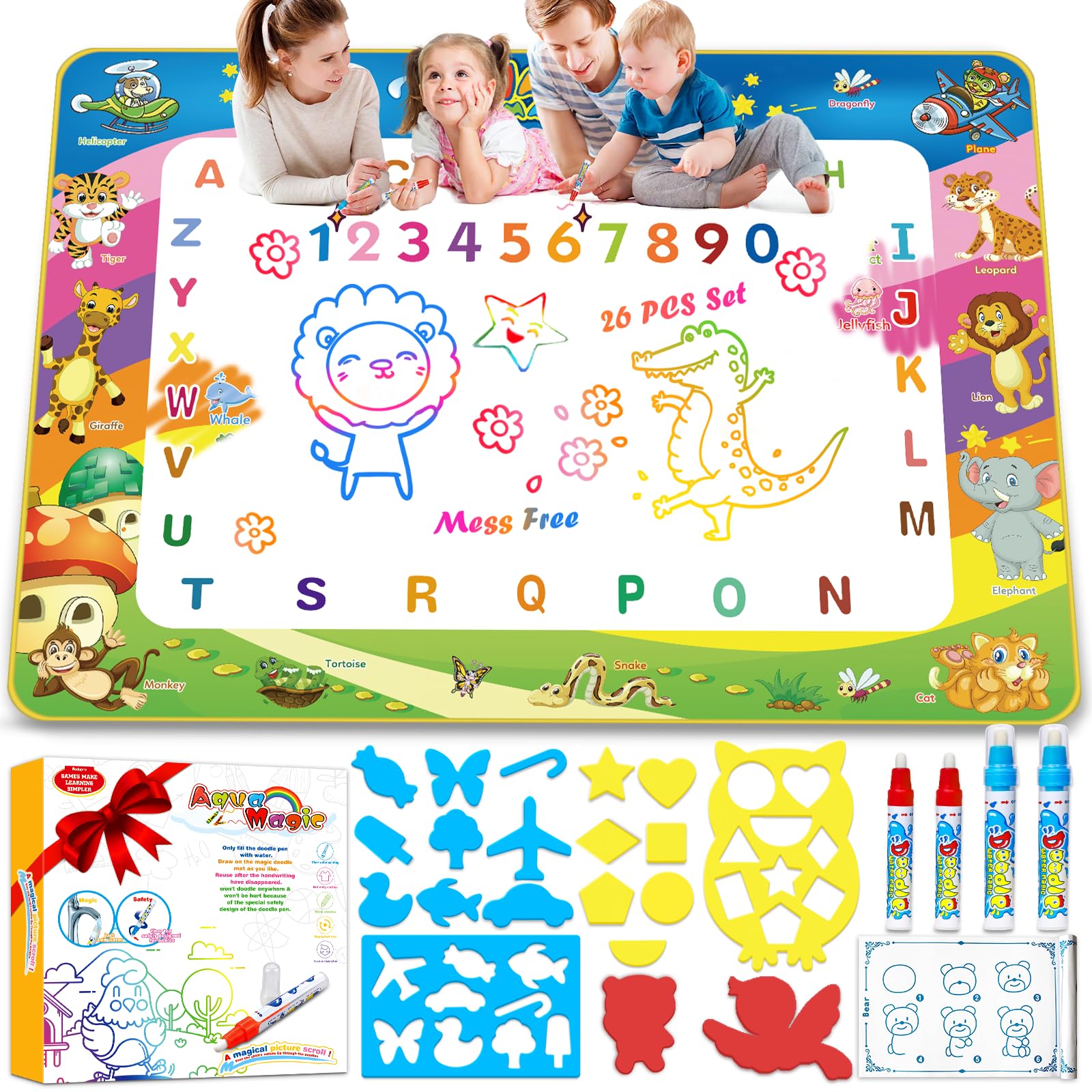 Wedopro Water Doodle Mat 40x30 - Mess-Free Toddler Toys for Ages 3-7 with 27 Pcs | Reusable Water Reveal Educational Drawing Mat for Kids with 24 ABC