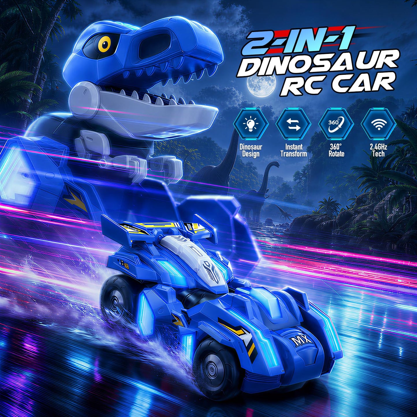 Dinosaur Transforming RC Car with LED Lights, One-Key Robot Conversion
