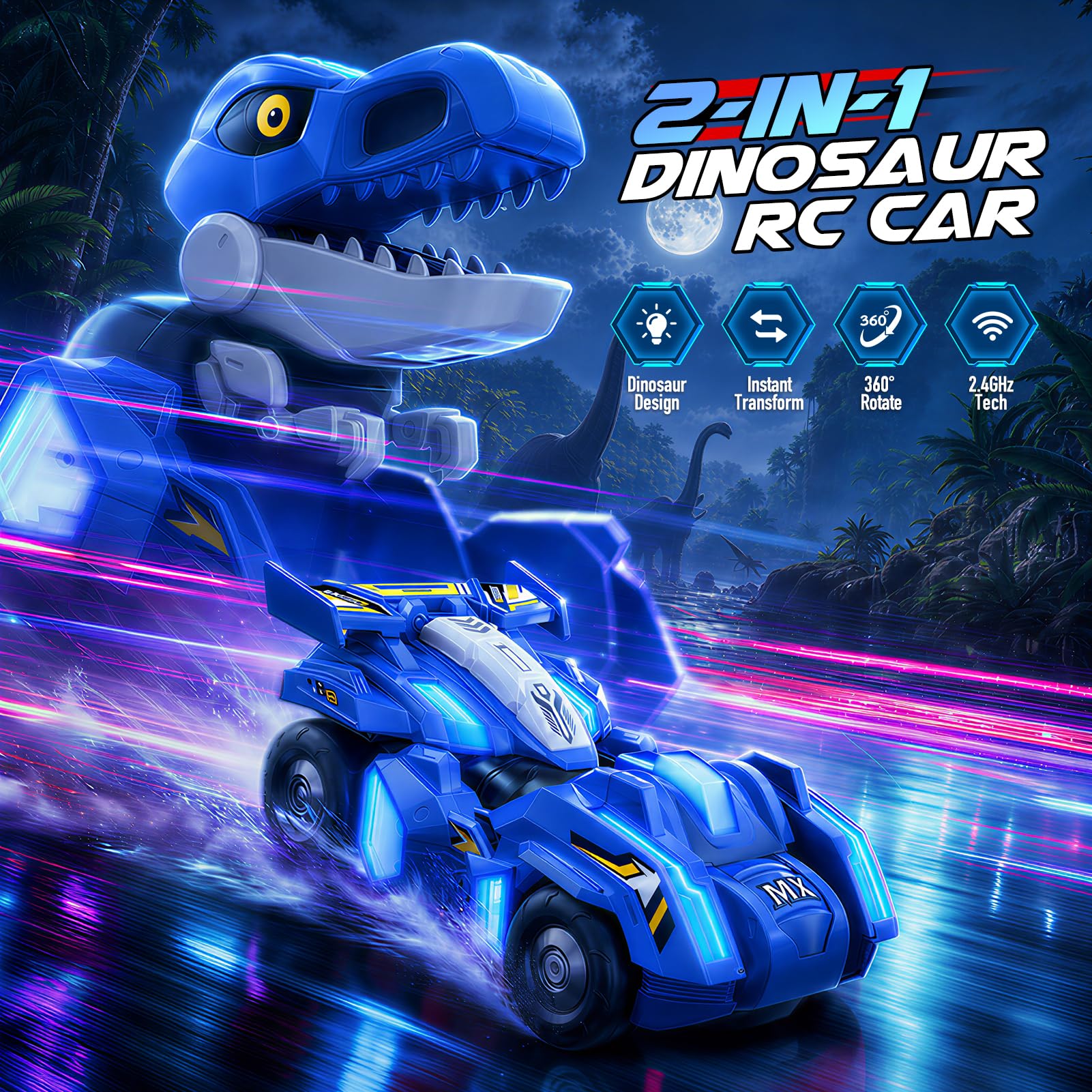 Dinosaur Transforming RC Car with LED Lights, One-Key Robot Conversion