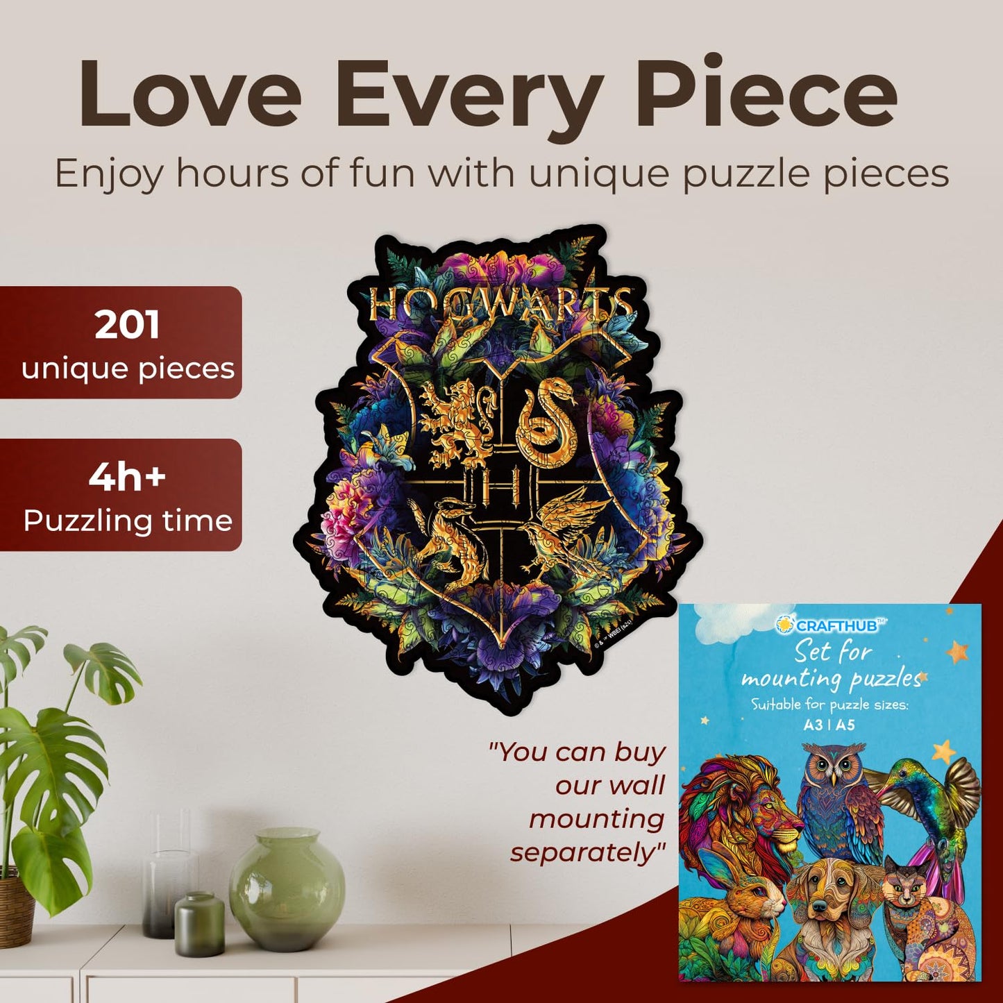 CRAFTHUB Harry Potter Puzzle - Hogwarts Crest - Fine Oddities - A3 Size - Wooden Jigsaw Puzzles for Adults - 201 Unique Shaped Pieces - Officially