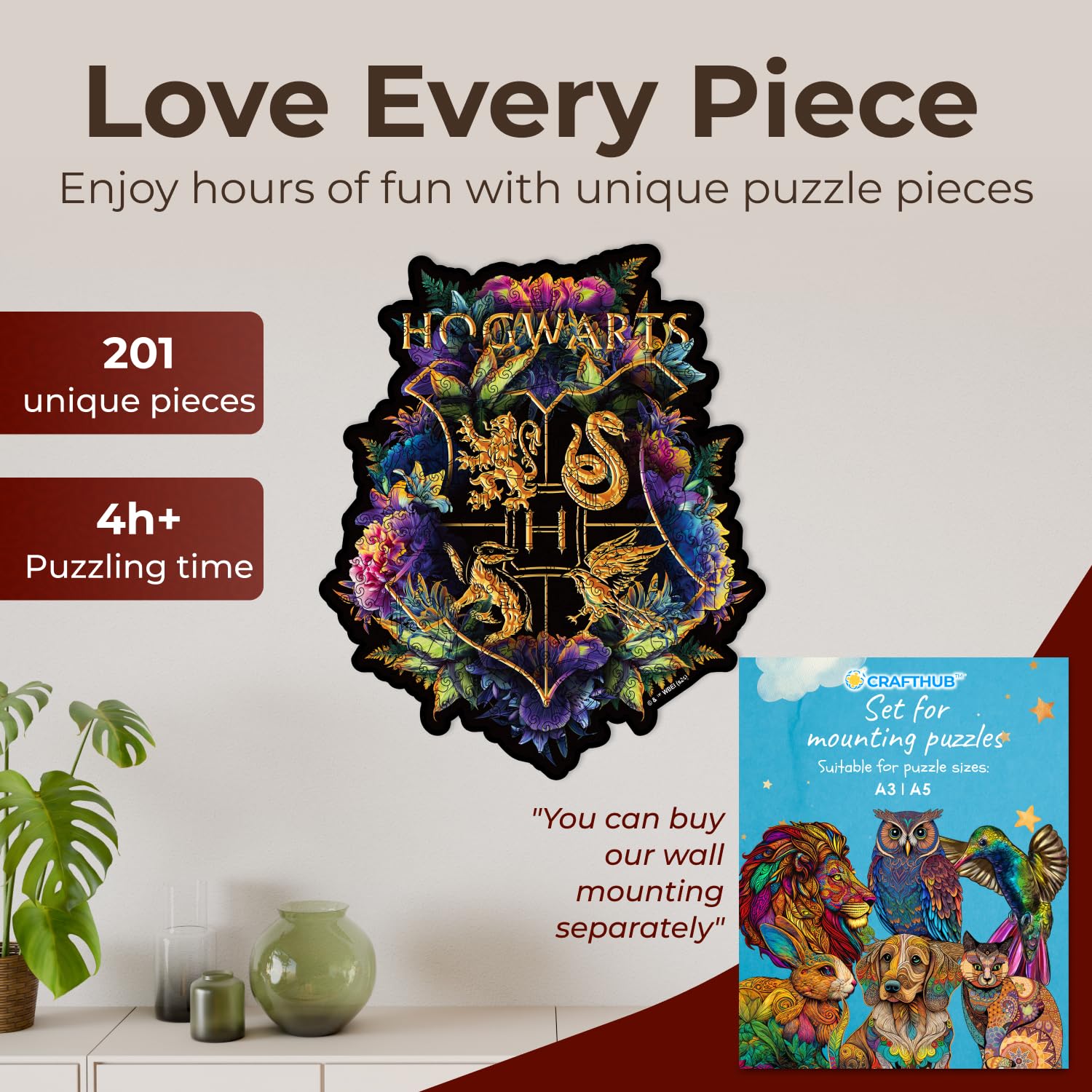 CRAFTHUB Harry Potter Puzzle - Hogwarts Crest - Fine Oddities - A3 Size - Wooden Jigsaw Puzzles for Adults - 201 Unique Shaped Pieces - Officially
