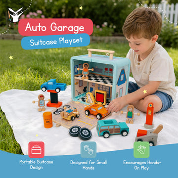 Jack Rabbit Creations Auto Garage Suitcase Playset, Portable Carry Case Style, Multicolor, 16 Eco-Friendly Wooden Figures, Mechanics, Cars & Car