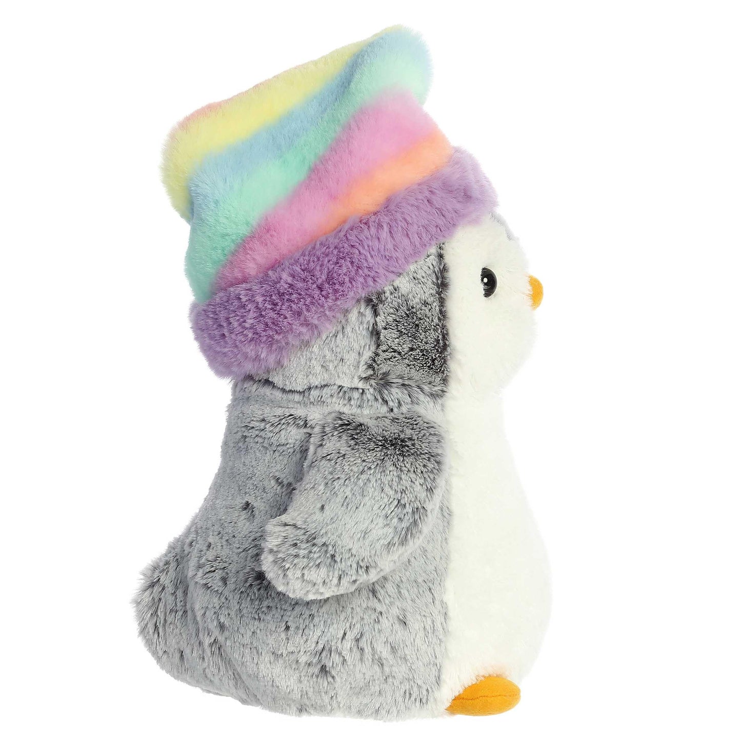 Aurora Festive Pompom Penguin Pom Pom Rainbow Hat Stuffed Animal - Vibrant Companions - Endless Fun - Gray 9 Inches