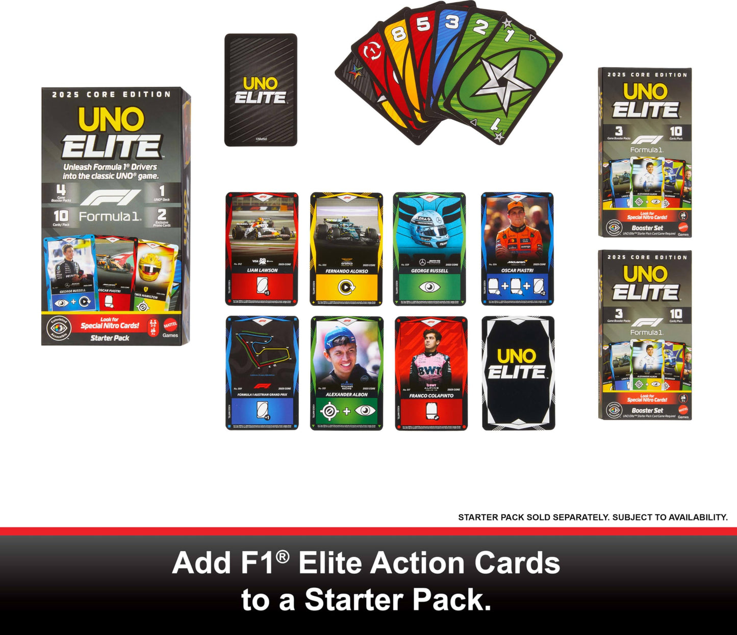 Mattel Games UNO Elite Formula 1 Booster Set 2 Pack with 60 Elite Action Cards, 2025 Core Edition