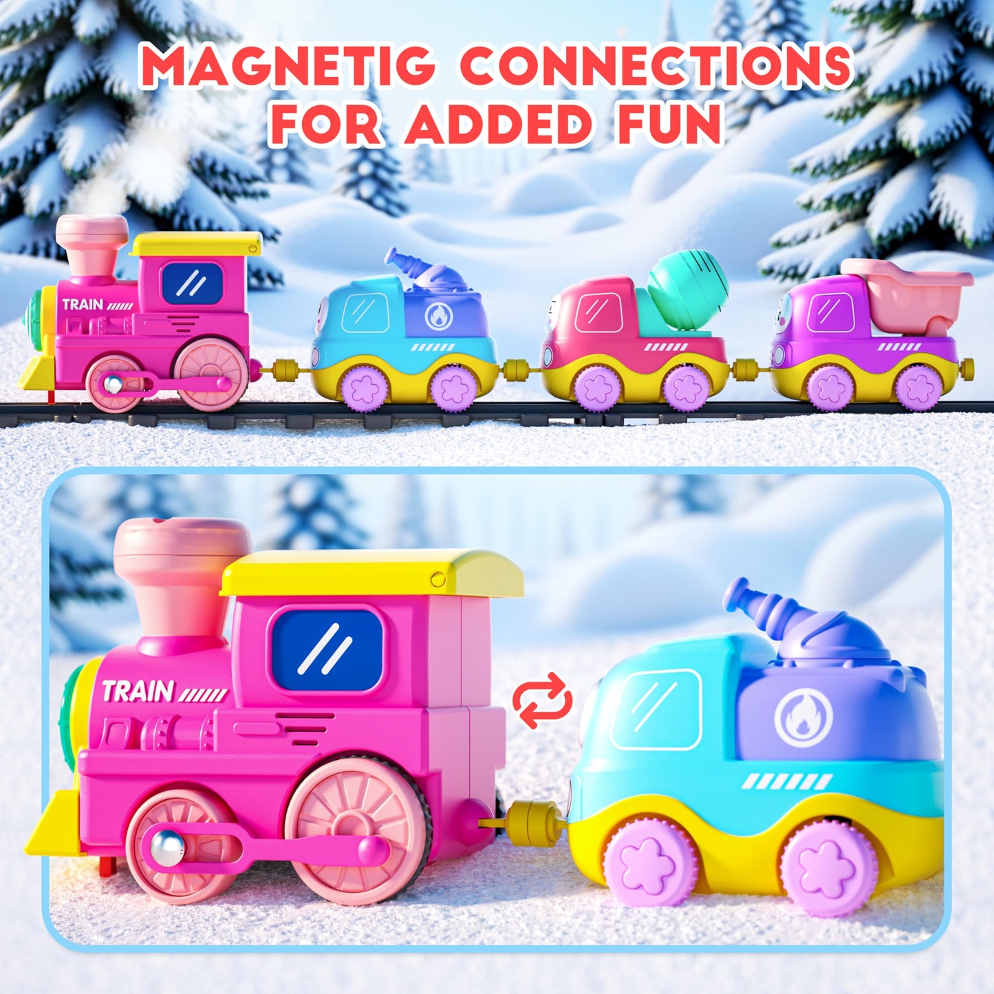 Funwee Steam Track Train Set for Toddlers, Magnetic Connection Train Toys w/Lights & Sounds, Electric Cartoon Choo Choo Train, Toy Train Christmas