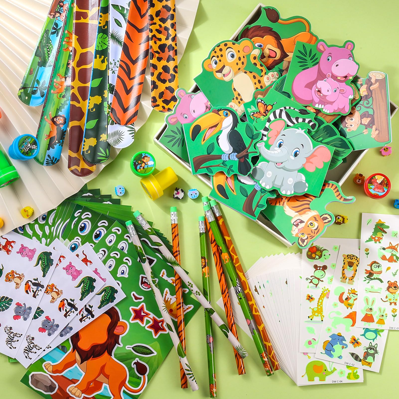 BenLouis 120Pcs Jungle Safari Party Favors Zoo Animals Sticker Stampers Slap Bracelets School Stationery Set Bulk Classroom Prizes for Kids Wild One